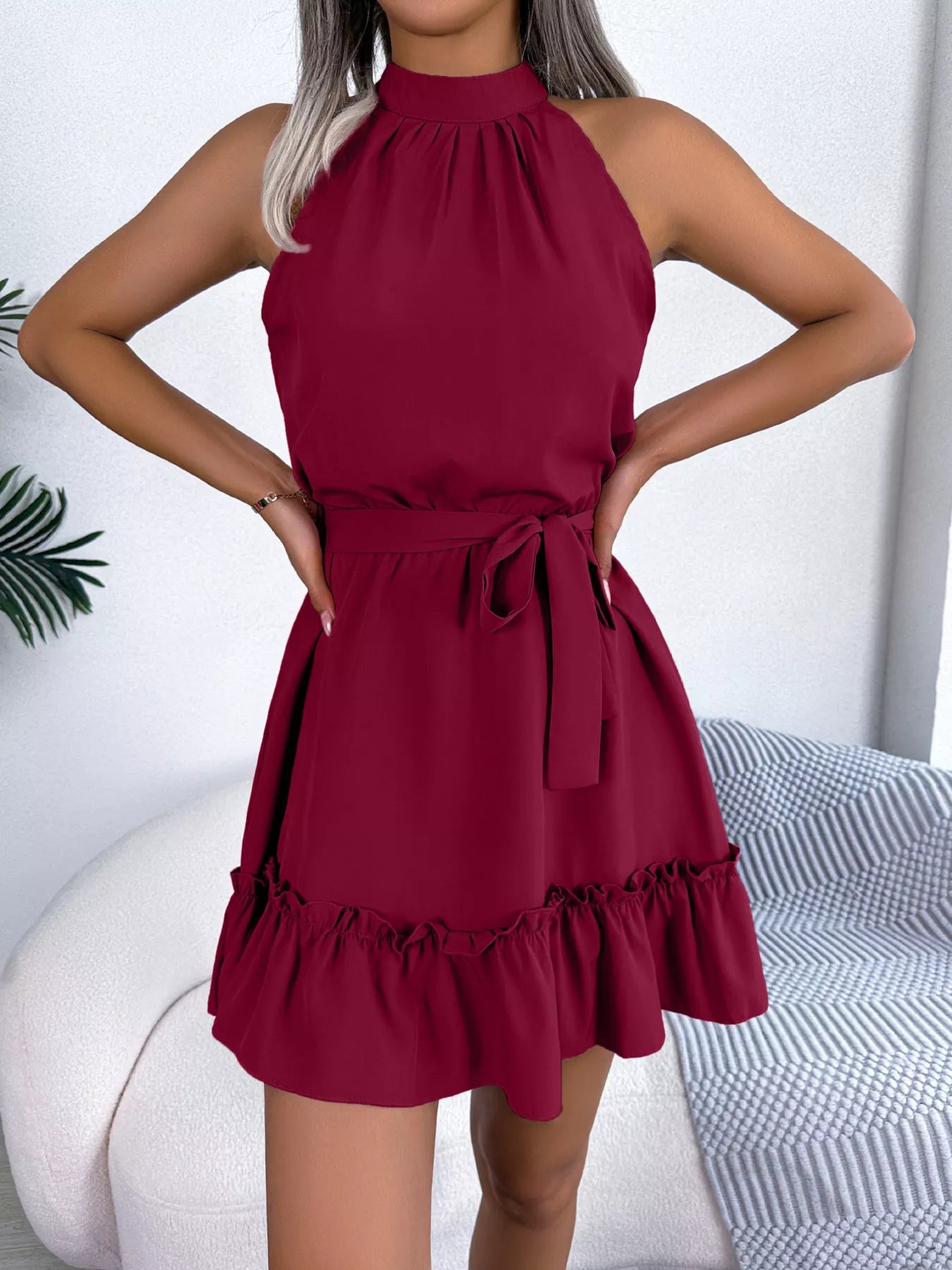 Halter Neck Ruffle Hem A-Line Dress