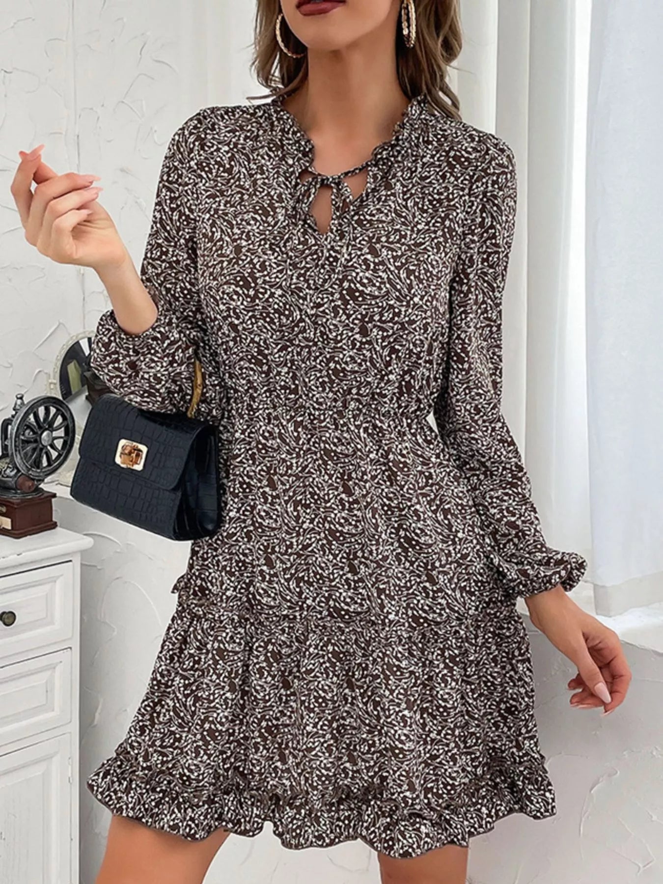 Ruffle Hem Tie Neck Mini Dress