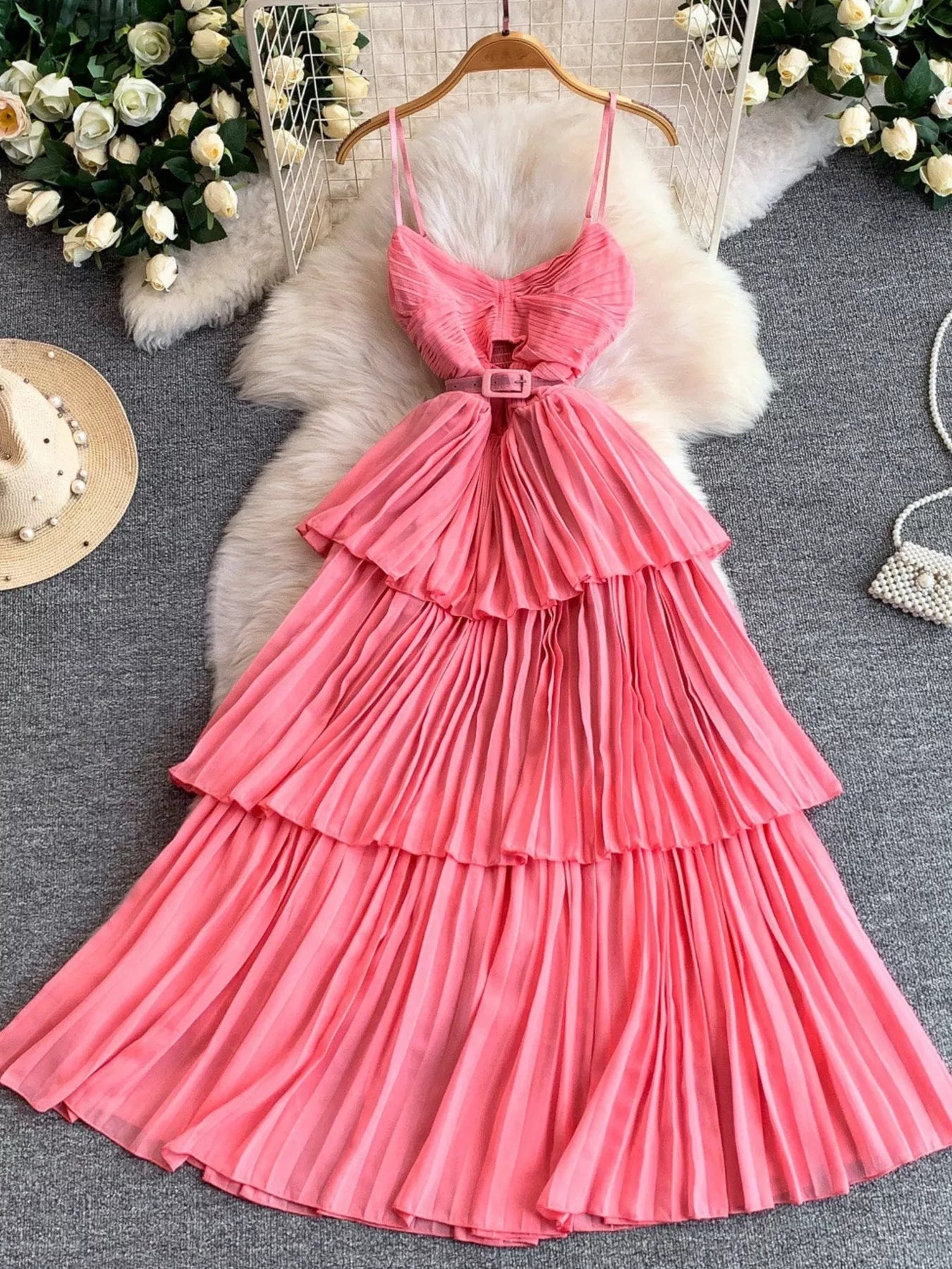 Pleated Layered Spaghetti Strap Midi Dress