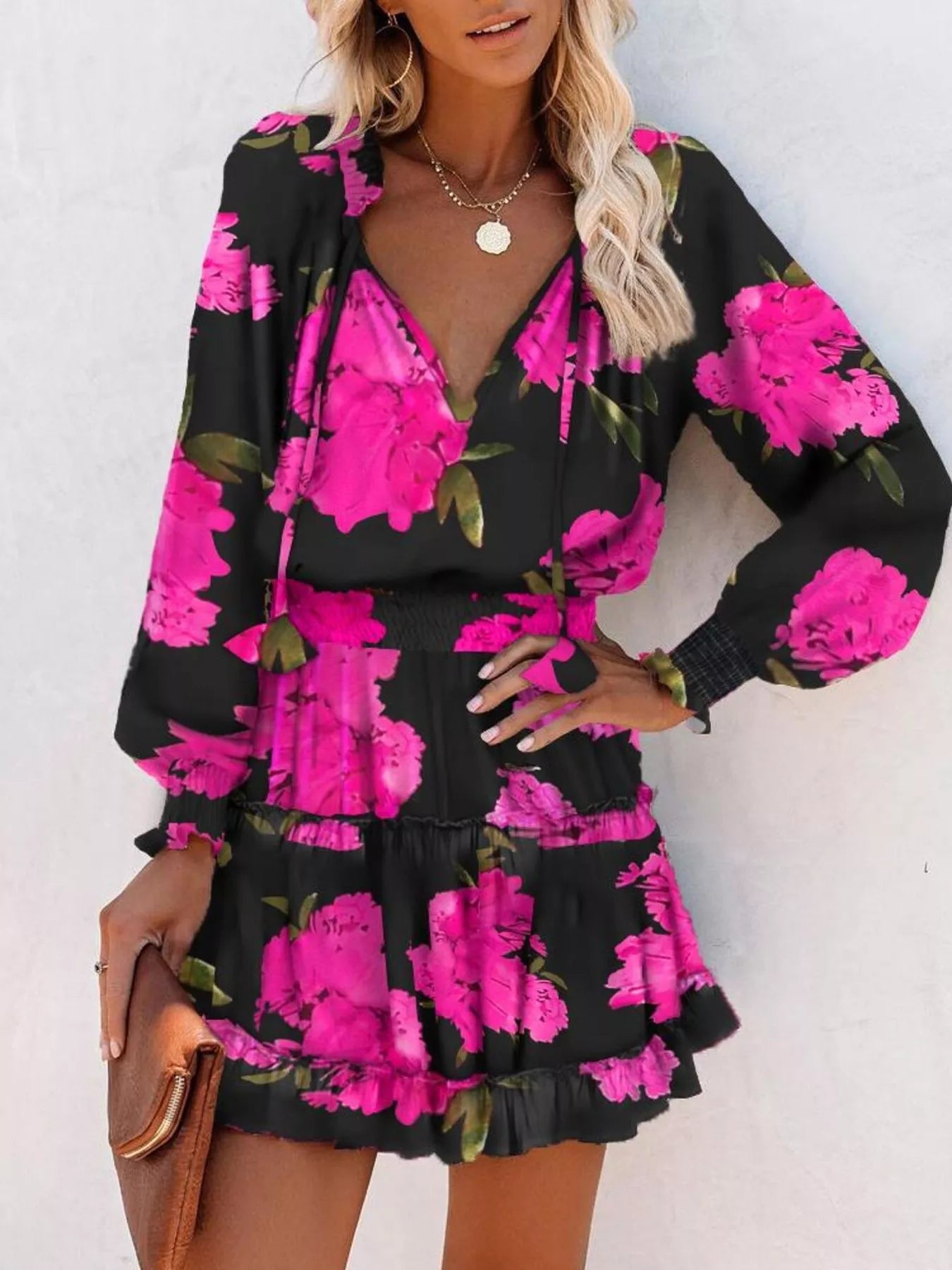 Tie Neck Lantern Sleeve Dress