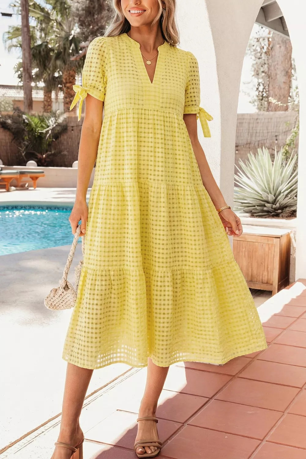 Gingham Textured Bow Tie Short Sleeve Tiered Midi Dress