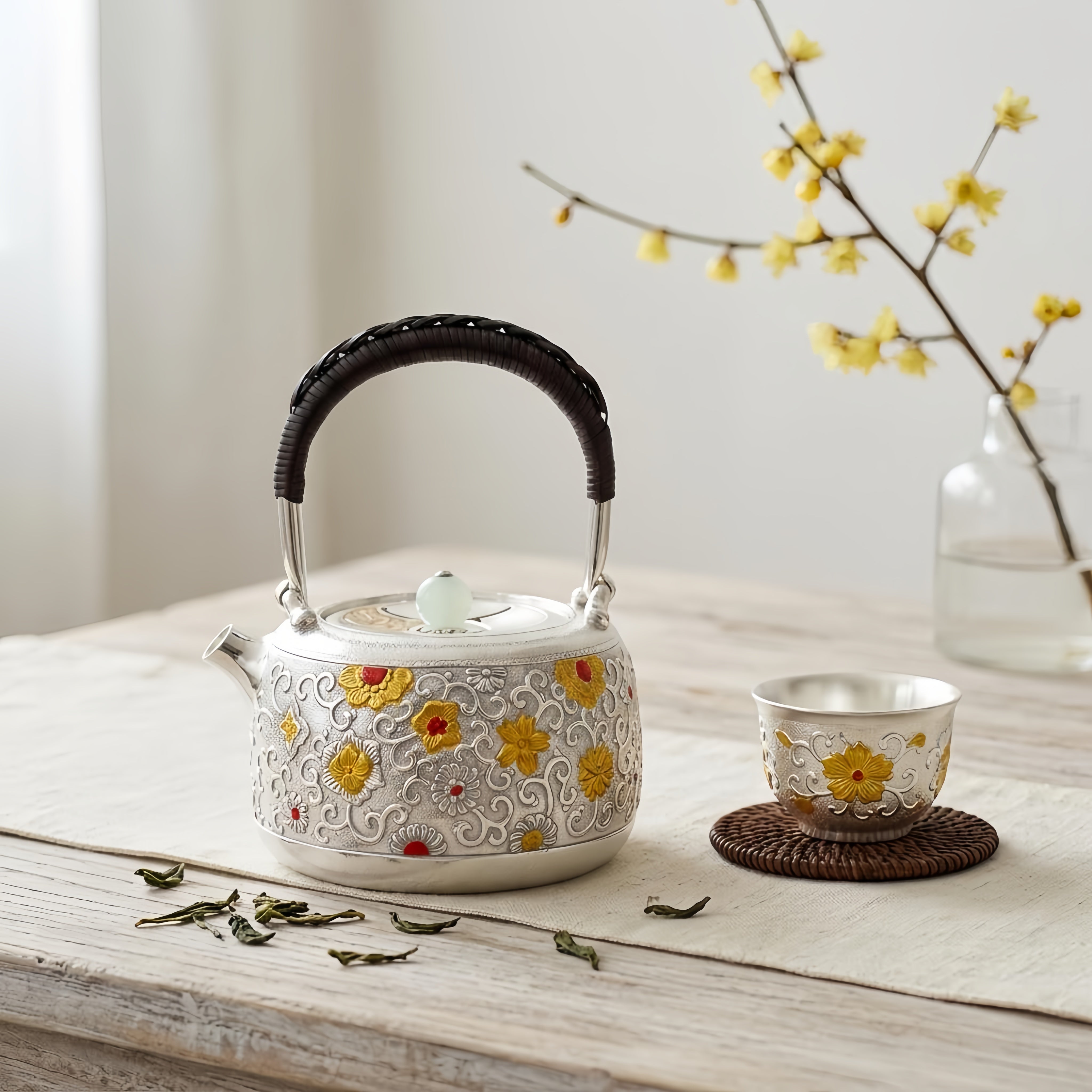 Pure 999 Fine Silver Ornate Handcrafted Silver Teapot Featuring Intricate Floral Relief and Woven Handle - Handicraft