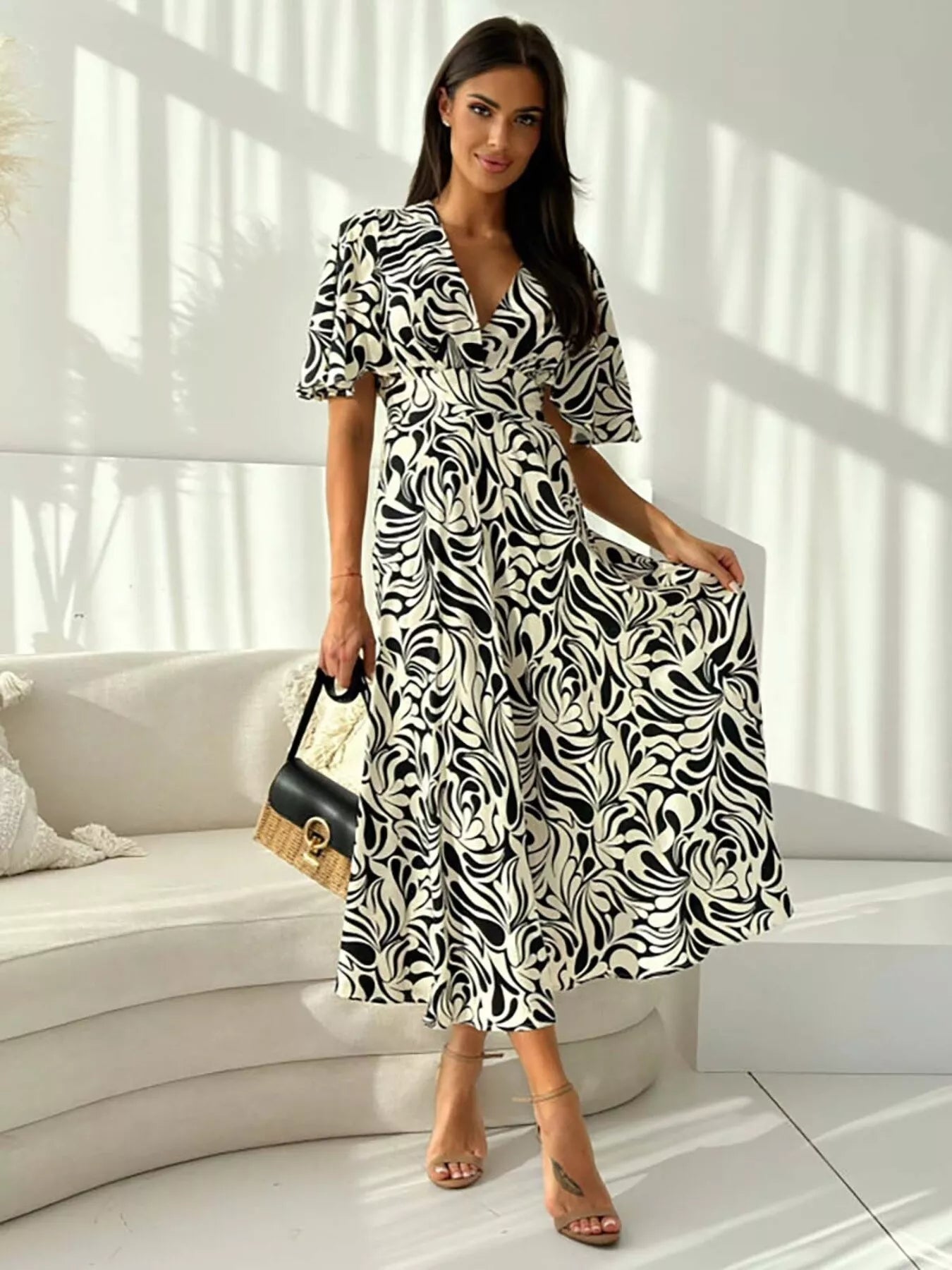 Printed Flutter Sleeve Midi Dress