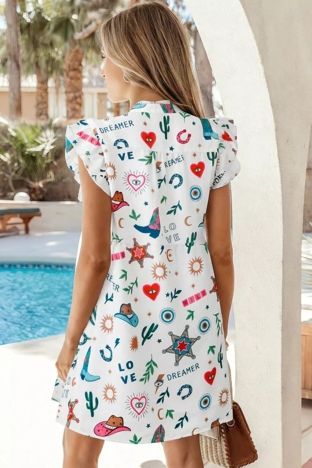 Western Print Flutter Sleeve Button Down Mini Dress