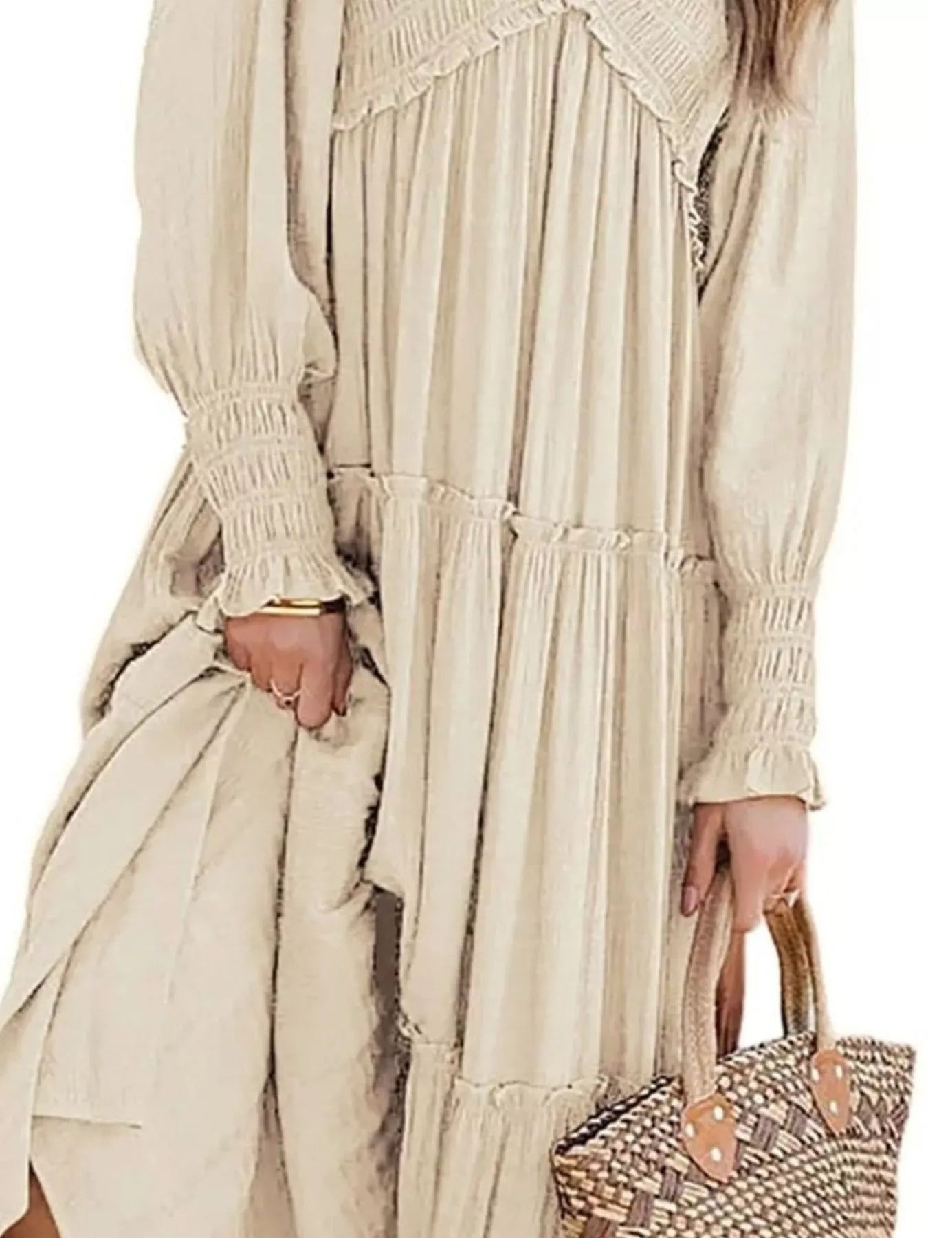 V-Neck Long Sleeve Tiered Maxi Dress