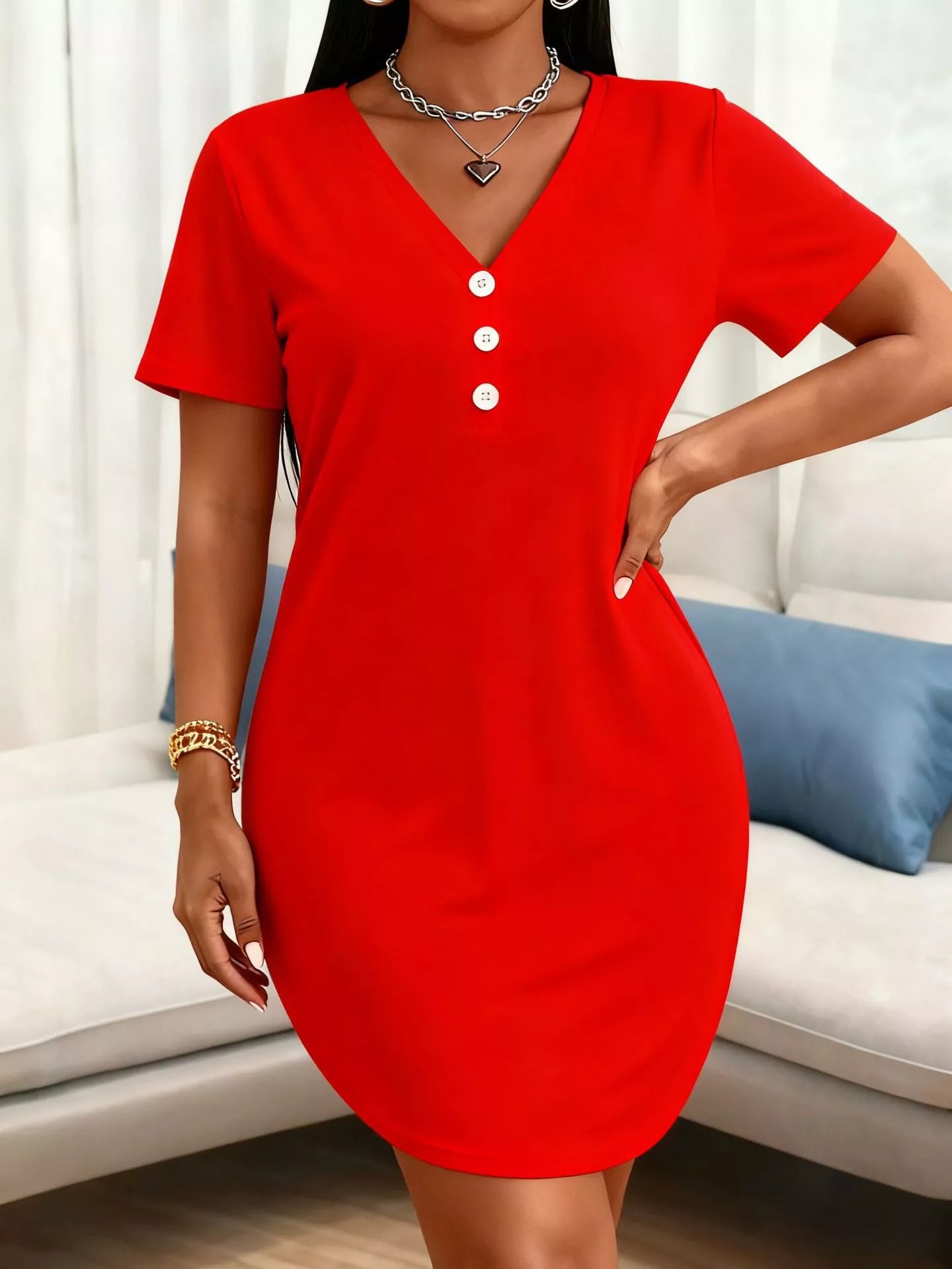 Plus Size V-Neck Button Detail Casual T-Shirt Dress