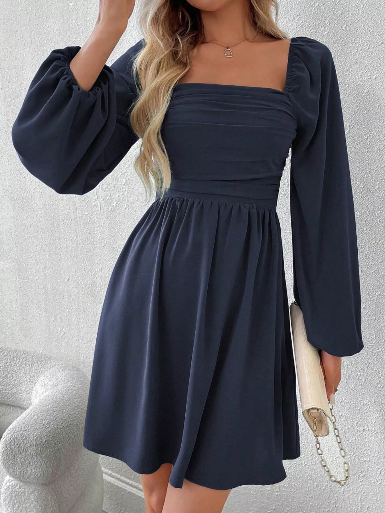 Ruched Square Neck Long Sleeve A-Line Dress