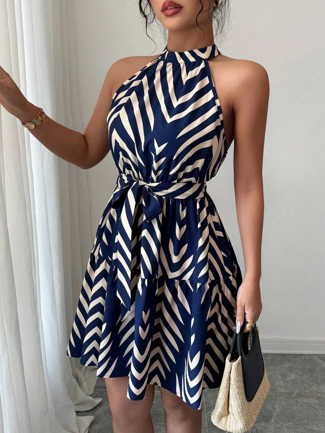 Zebra Print Halter Neck Tie Waist Ruffle Hem Dress