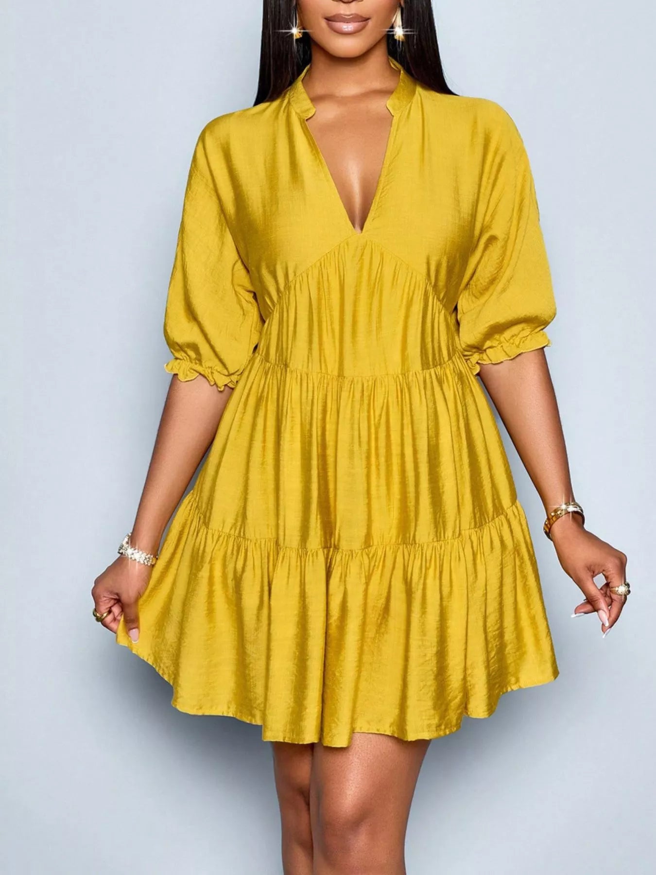 Notched Half Sleeve Tiered Dress