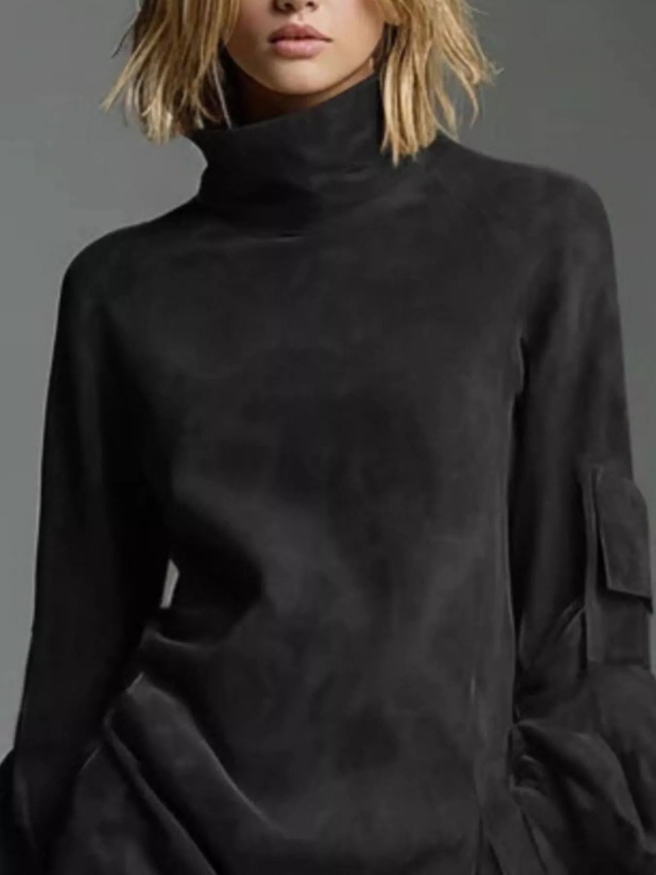 Full Size Suede Turtleneck Lantern Sleeve Mini Dress Plus Size
