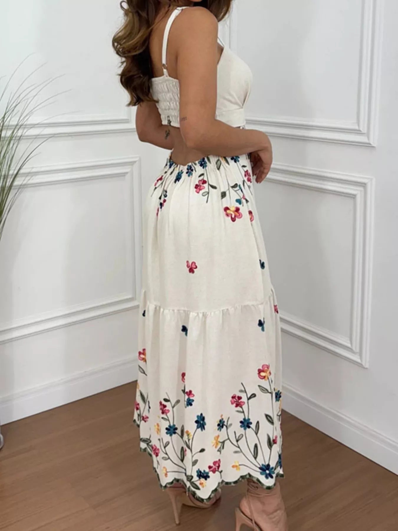 Floral Print Cutout Back Slit Hem Midi Dress