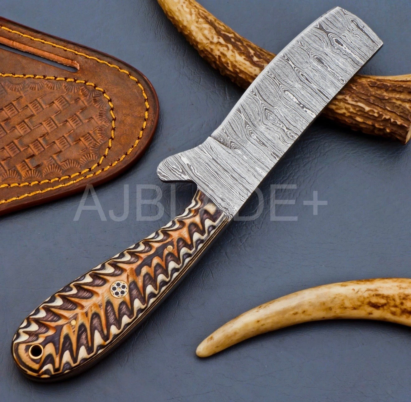 Orange Pinecone Damascus Bull Cutter for Ranch Work