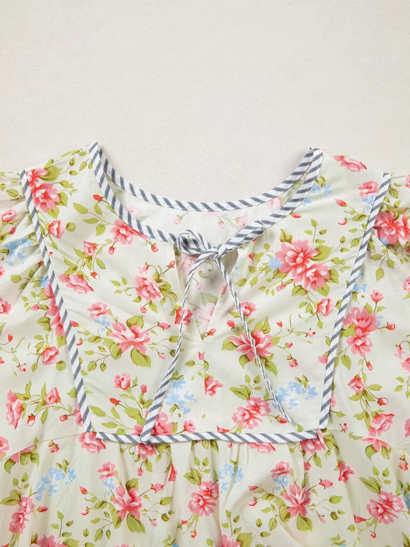 Striped Edge 3/4 Puff Sleeve Floral Dress