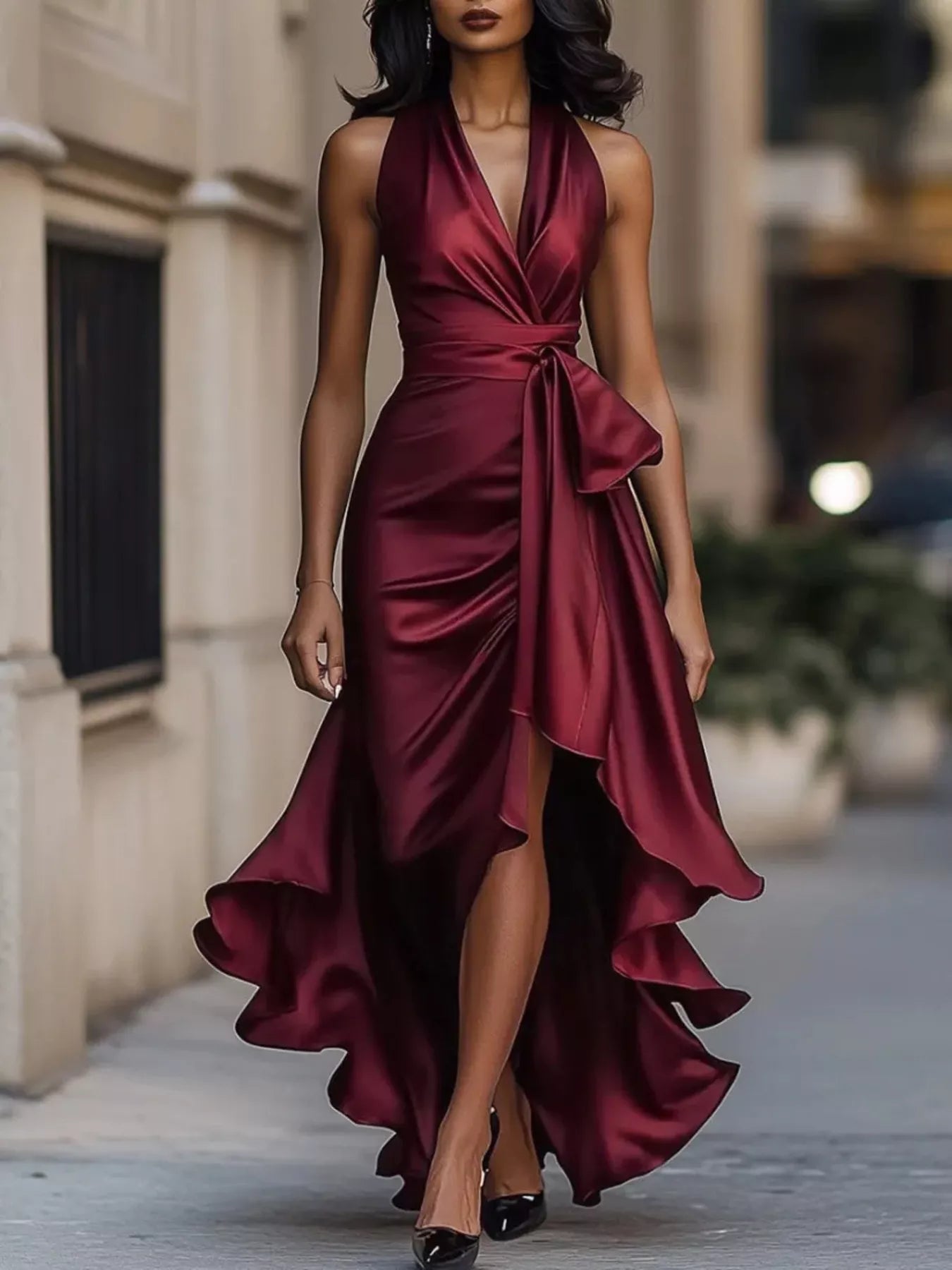 Full Size High-Low Ruffled Satin Maxi Dress Plus Size