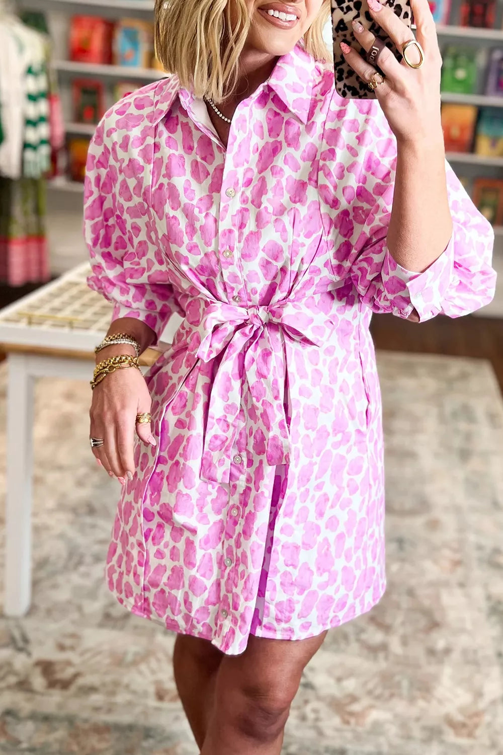 Abstract Leopard Print Tie Waist Puff Sleeve Mini Shirt Dress