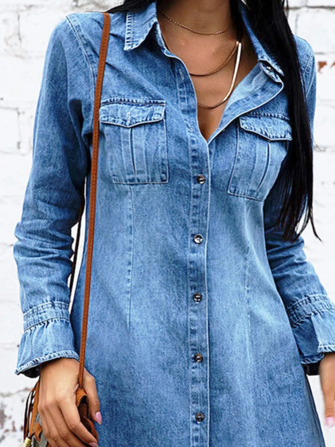 Button Front Long Sleeve Denim Dress