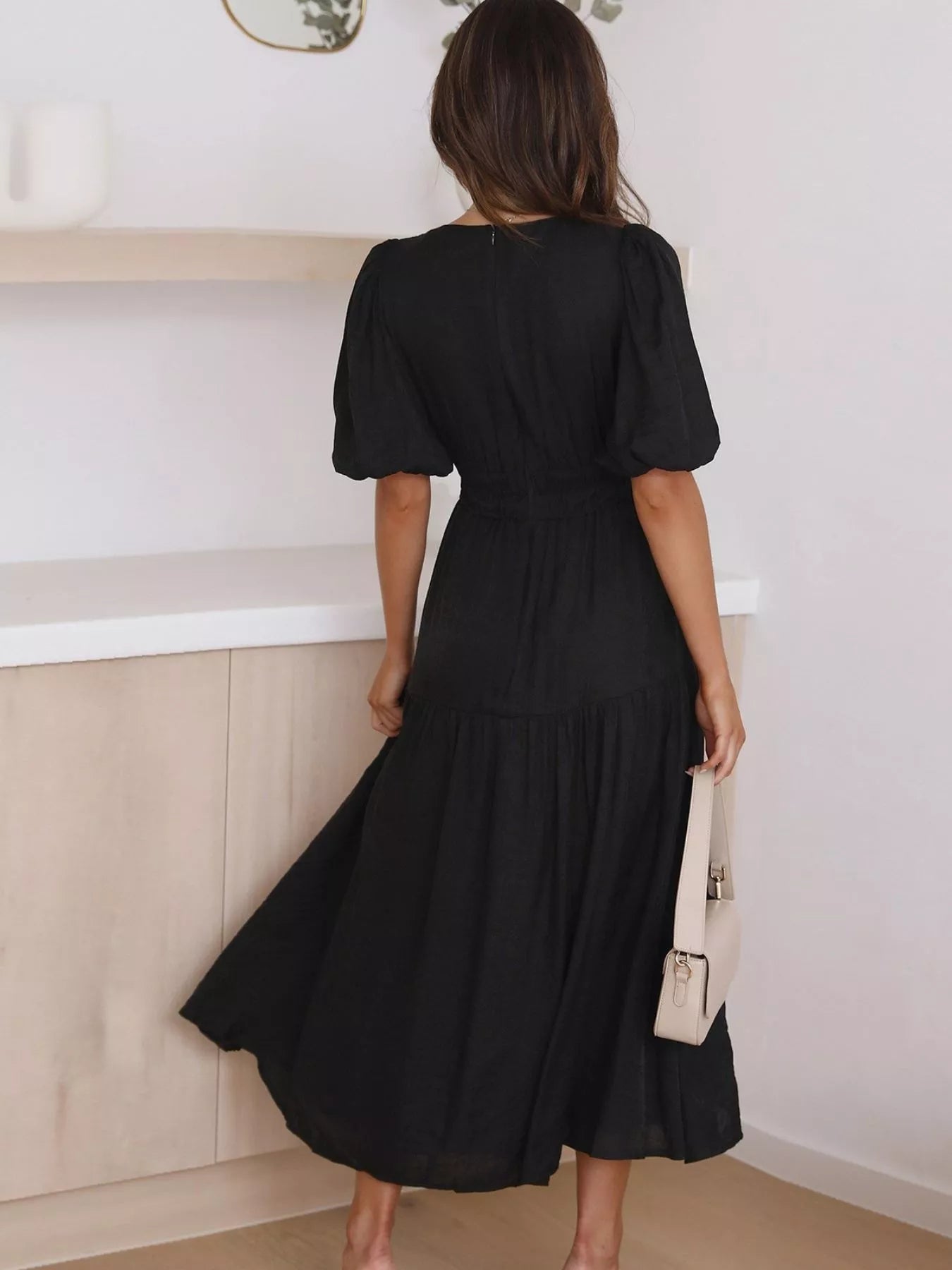 V-Neck Puff Sleeve Midi Dress