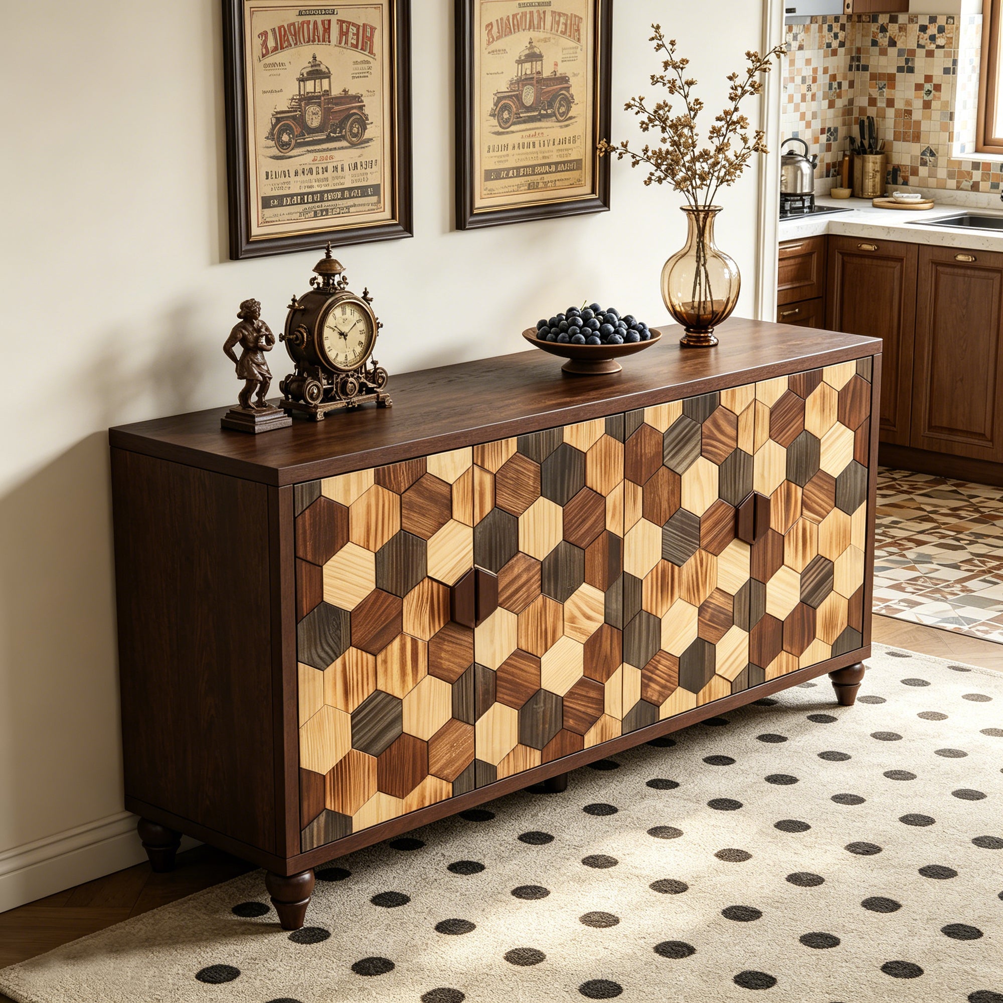 59.8" Sideboard With Honeycomb Pattern, Modern Accent Cabinet