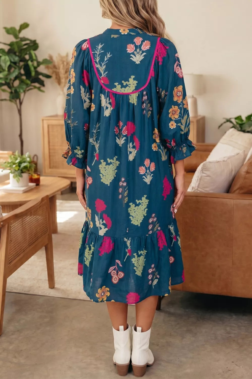 Floral Print Gathered Neckline 7/8 Sleeve Casual Midi Dress