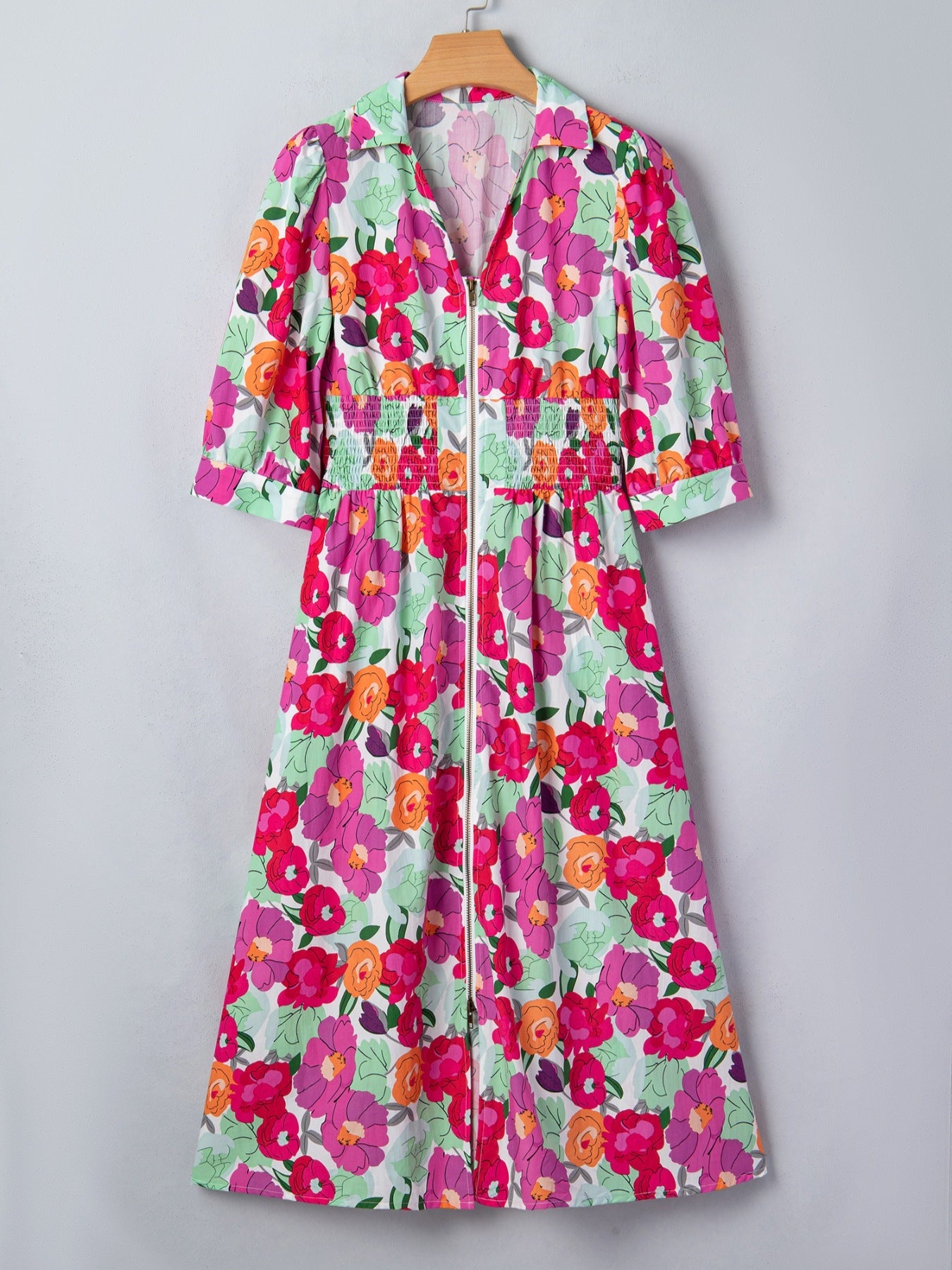 Vibrant Floral Print V Neck Zip Up Puffy Half Sleeve Dress