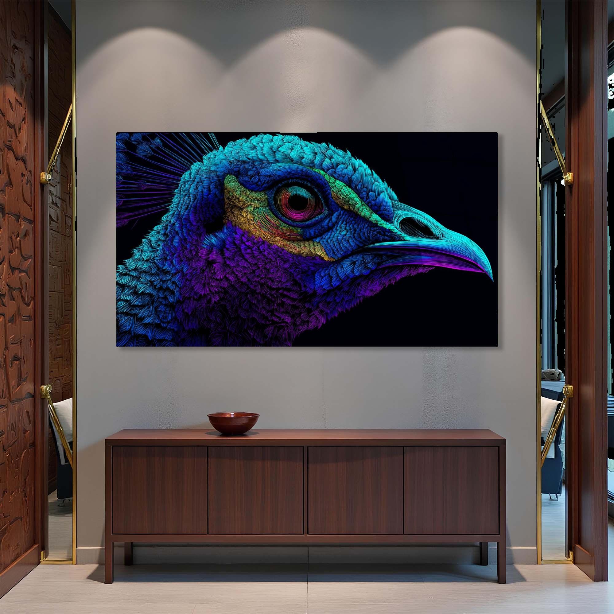 Neon Peacock Portrait Tempered Glass Wall Art | Custom Large Glass Wall Decor for Living Room