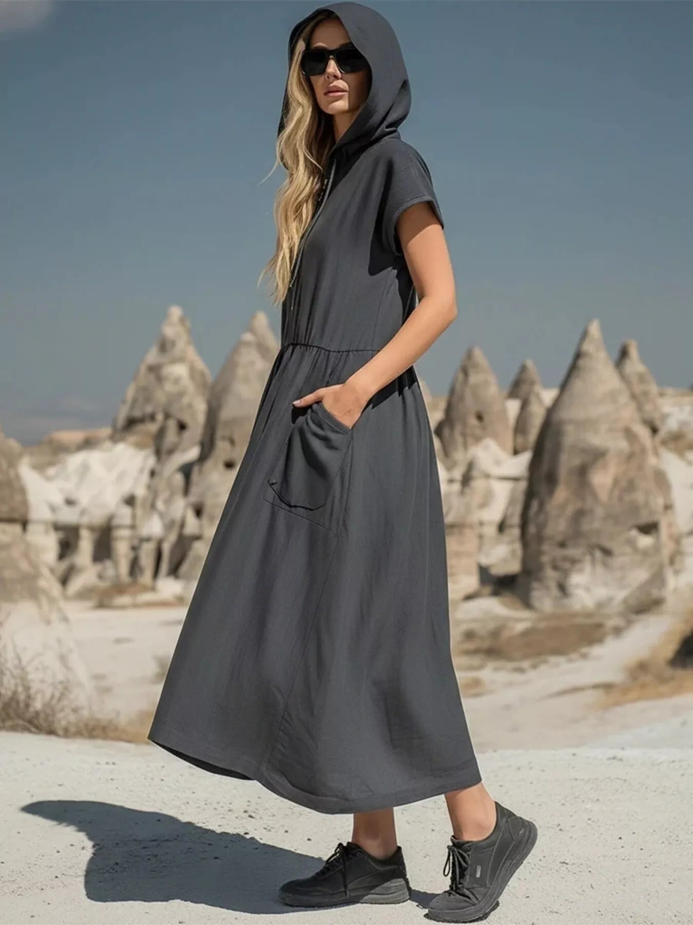 Full Size Hooded Midi Dress with Zipper and Pockets Plus Size