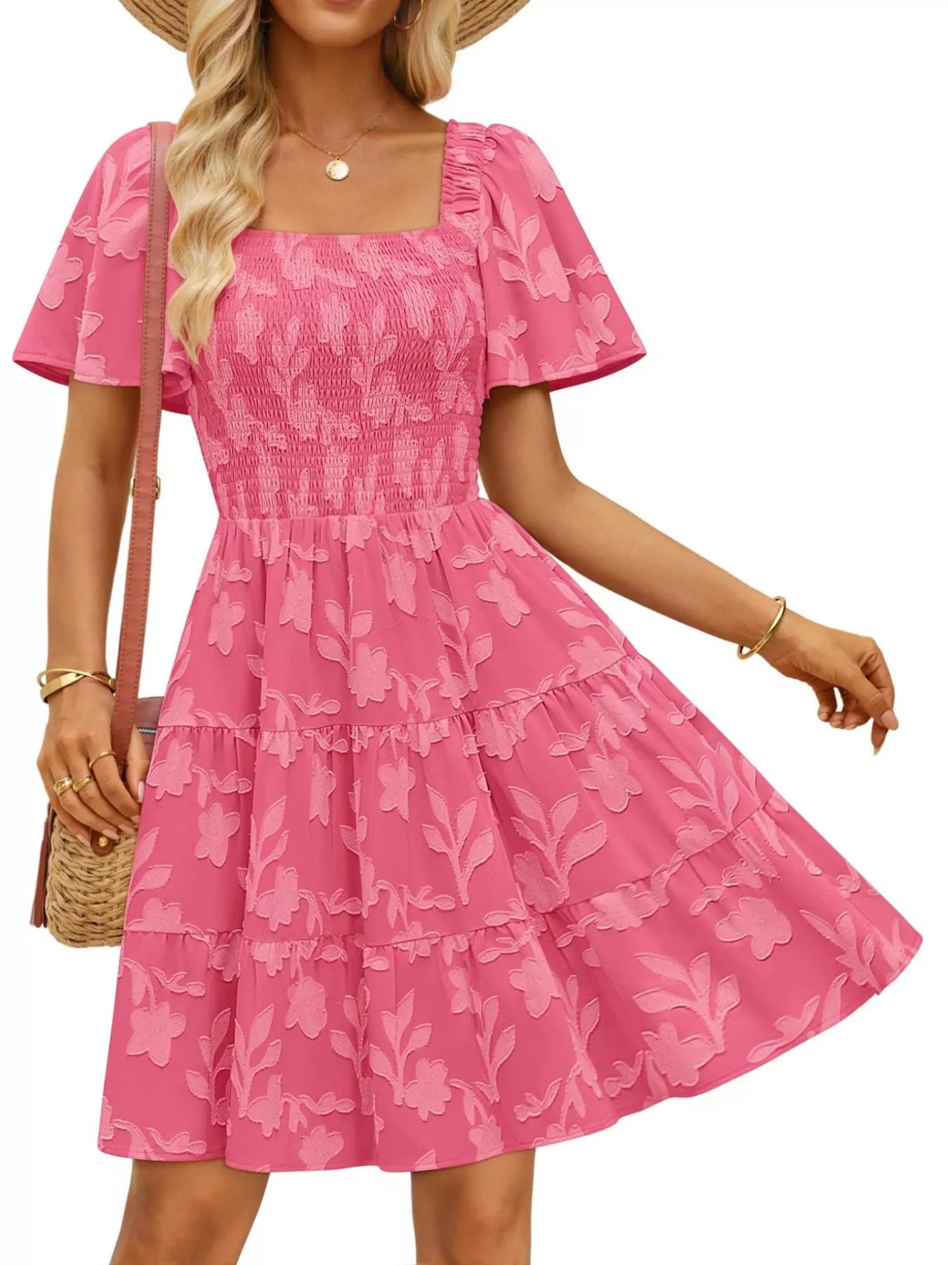Smocked Square Neck Tiered Mini Dress