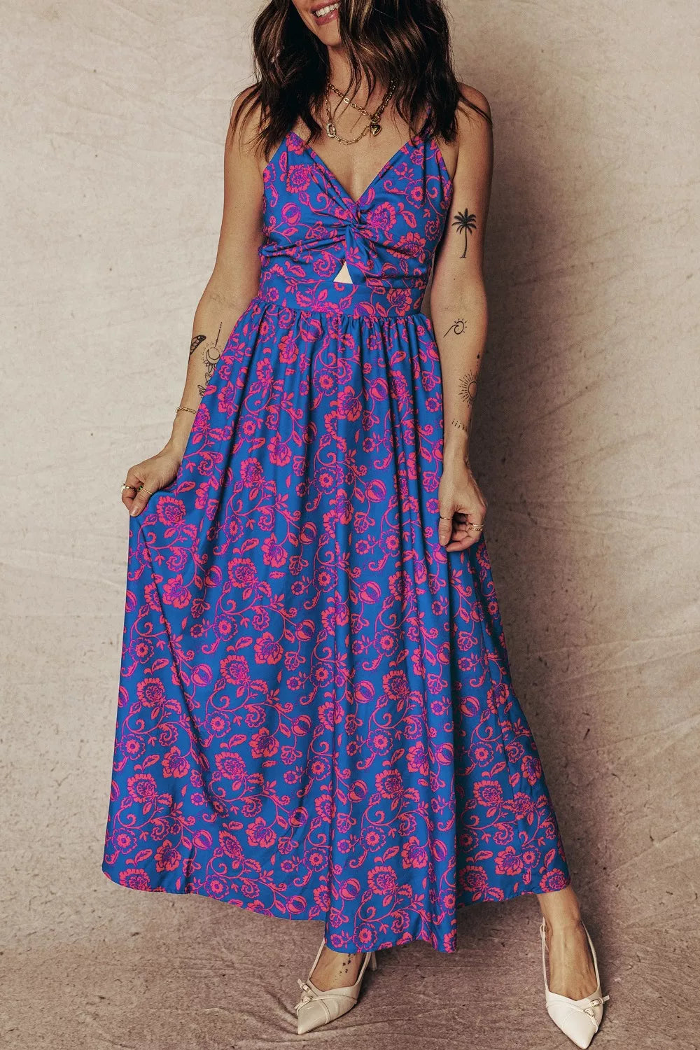 Floral Print Twisted V Neck Tied Backless Maxi Dress