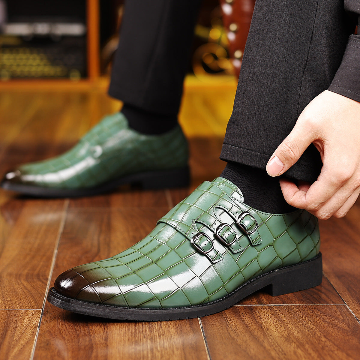 Men's Work Utility Footwear Casual Pointed-Toe Buckled Leather Shoes