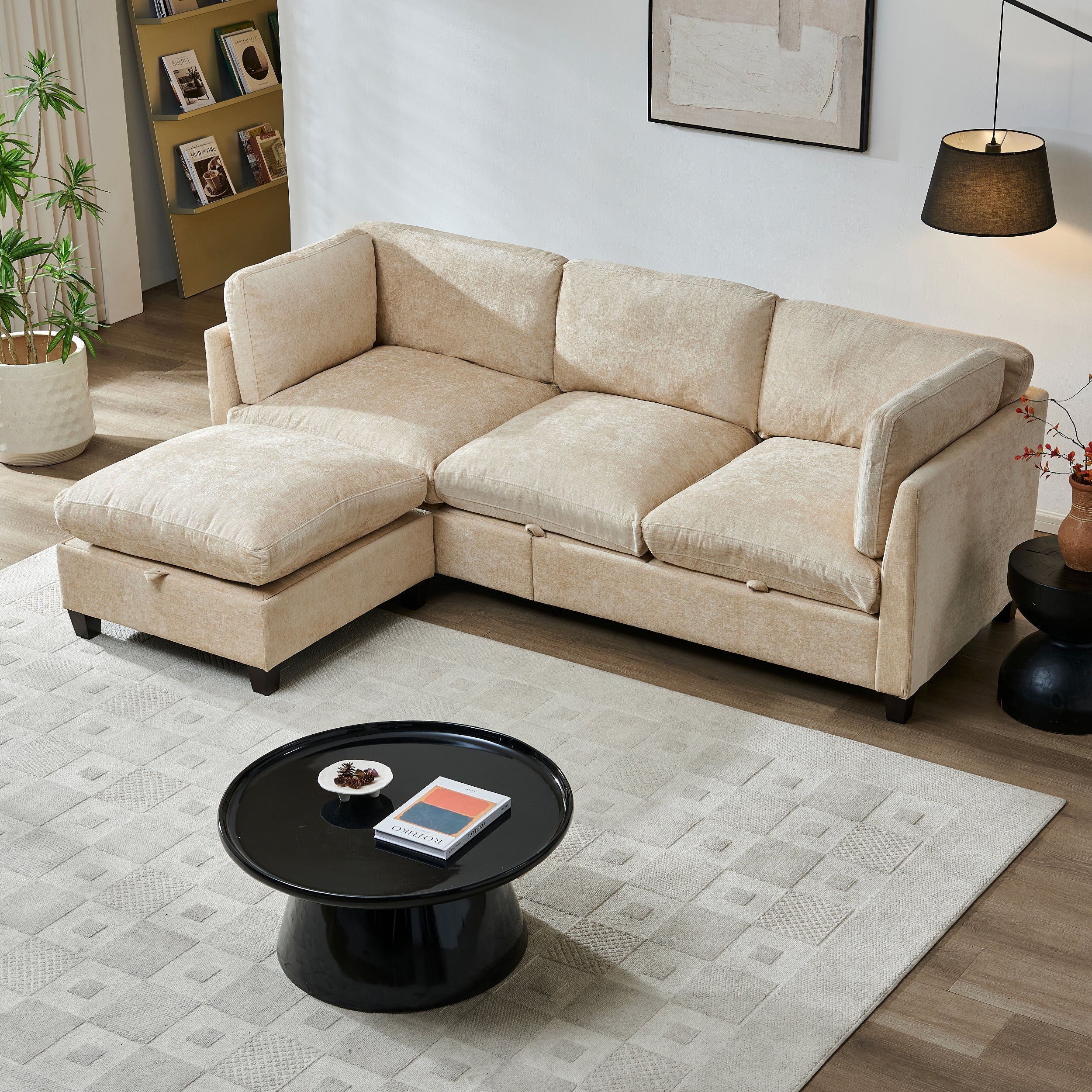 Soft Chenille 3-Seater Sectional Couch with Ottoman