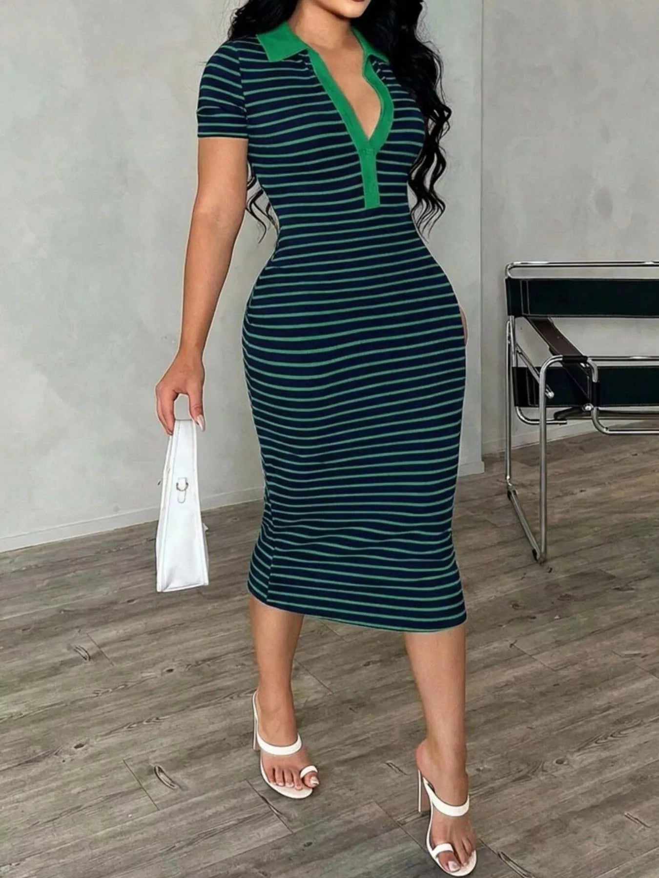Striped Polo Collar Midi Dress