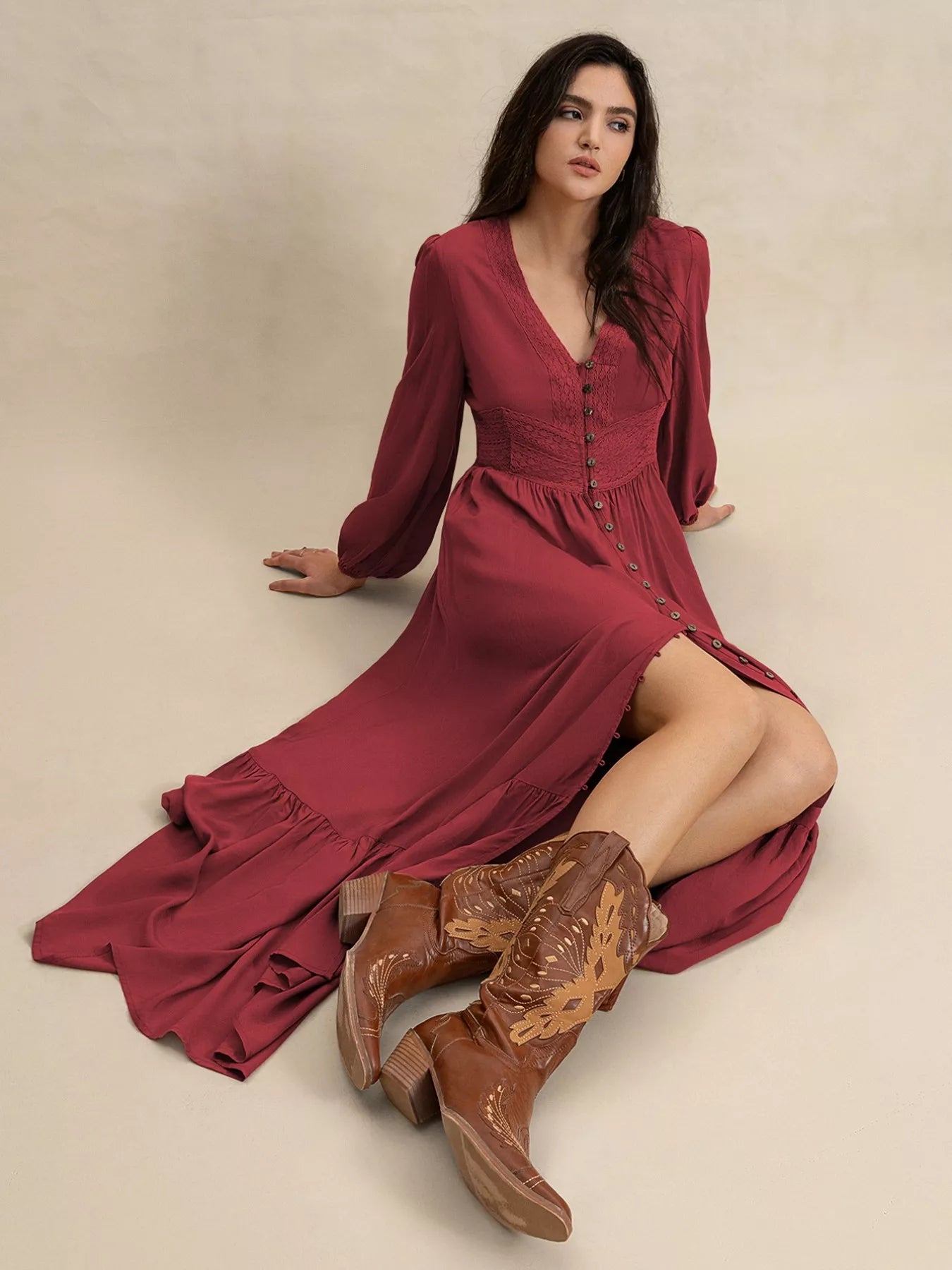 Plus Size V-Neck Balloon Sleeve Maxi Dress