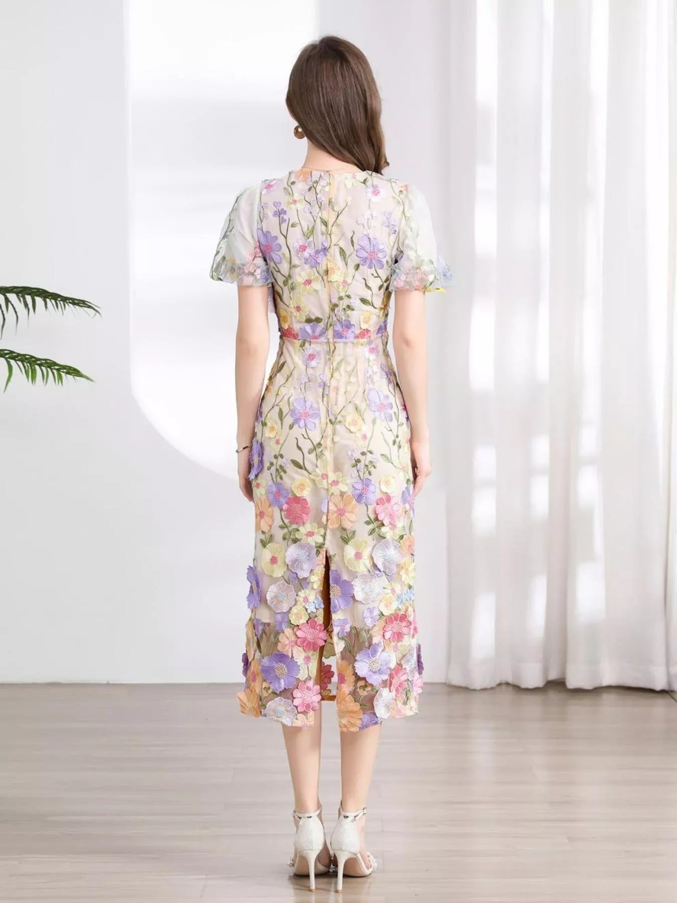 Floral Embroidered Puff Sleeve Midi Dress