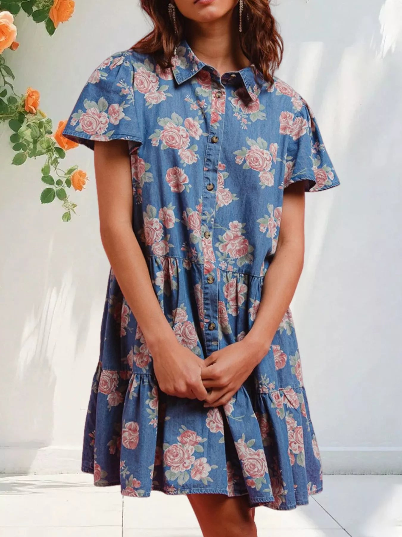 Floral Print Denim Button-Down Tiered Mini Dress