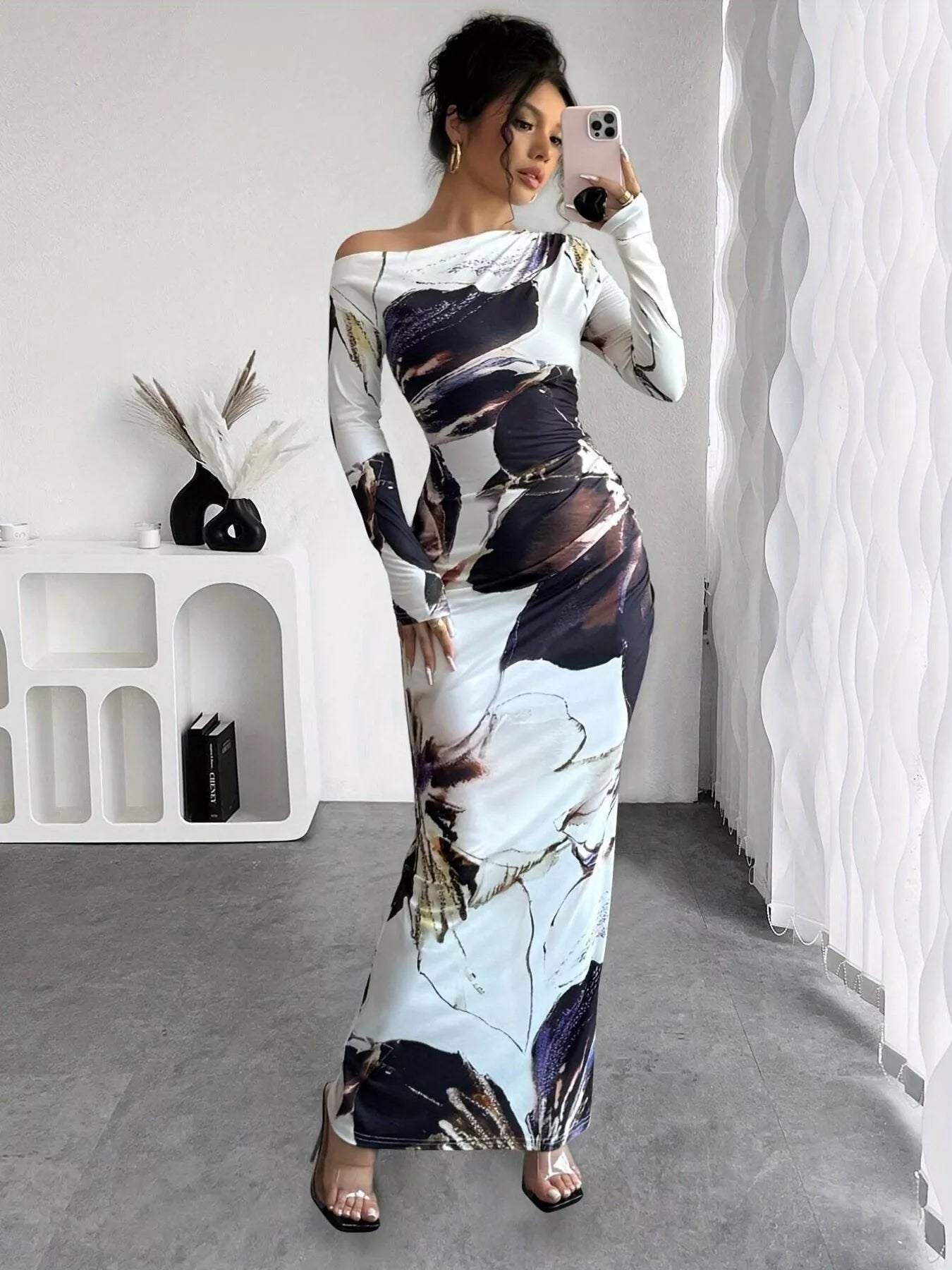 Floral Print One Shoulder Maxi Dress