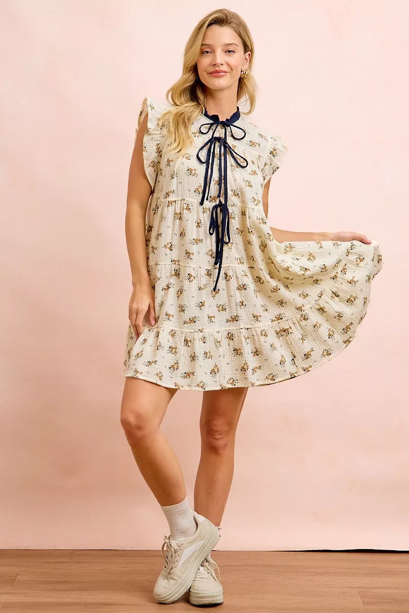 BiBi Floral Multi-tierd Dress With Ruffles And Front Tie