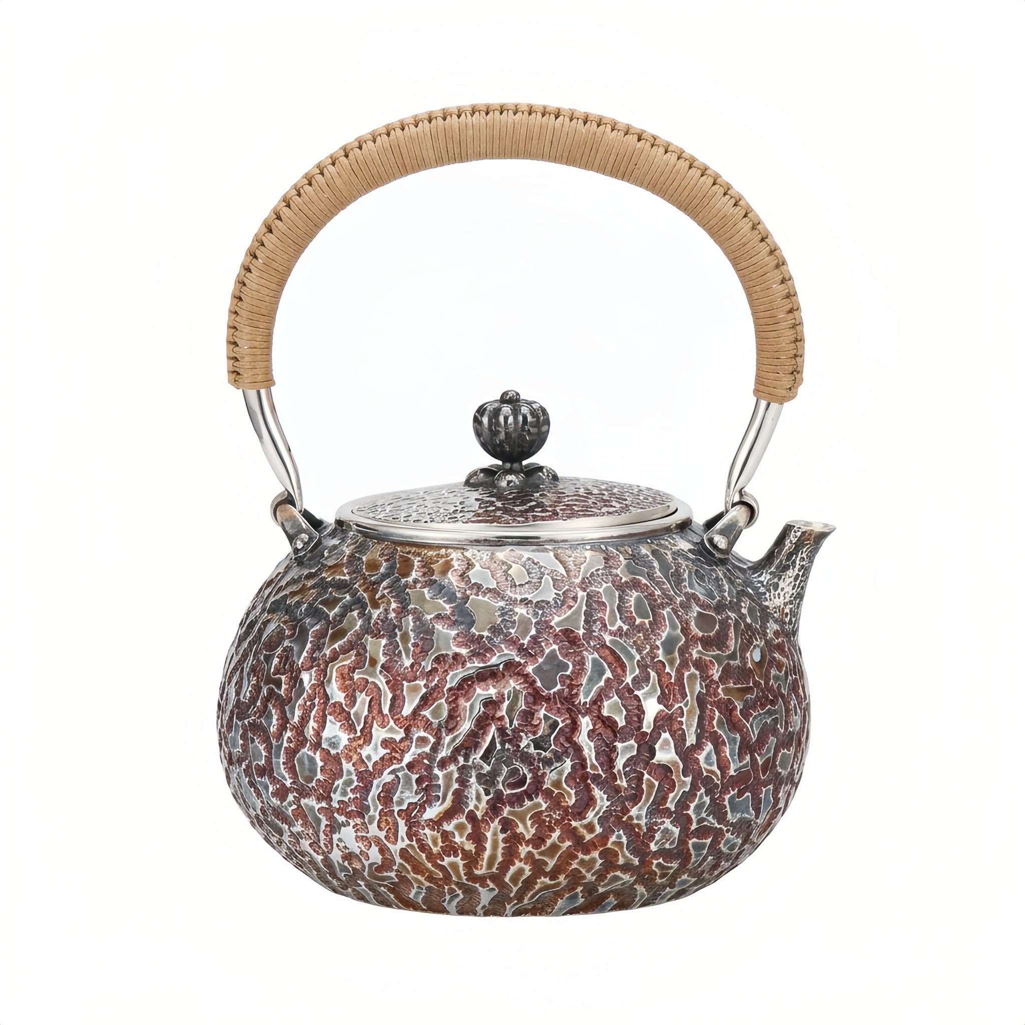 925 Sterling Silver Exquisite Handcrafted Silver-Toned Teapot with Ornate Patterning and Cord-Wrapped Handle - Handicraft
