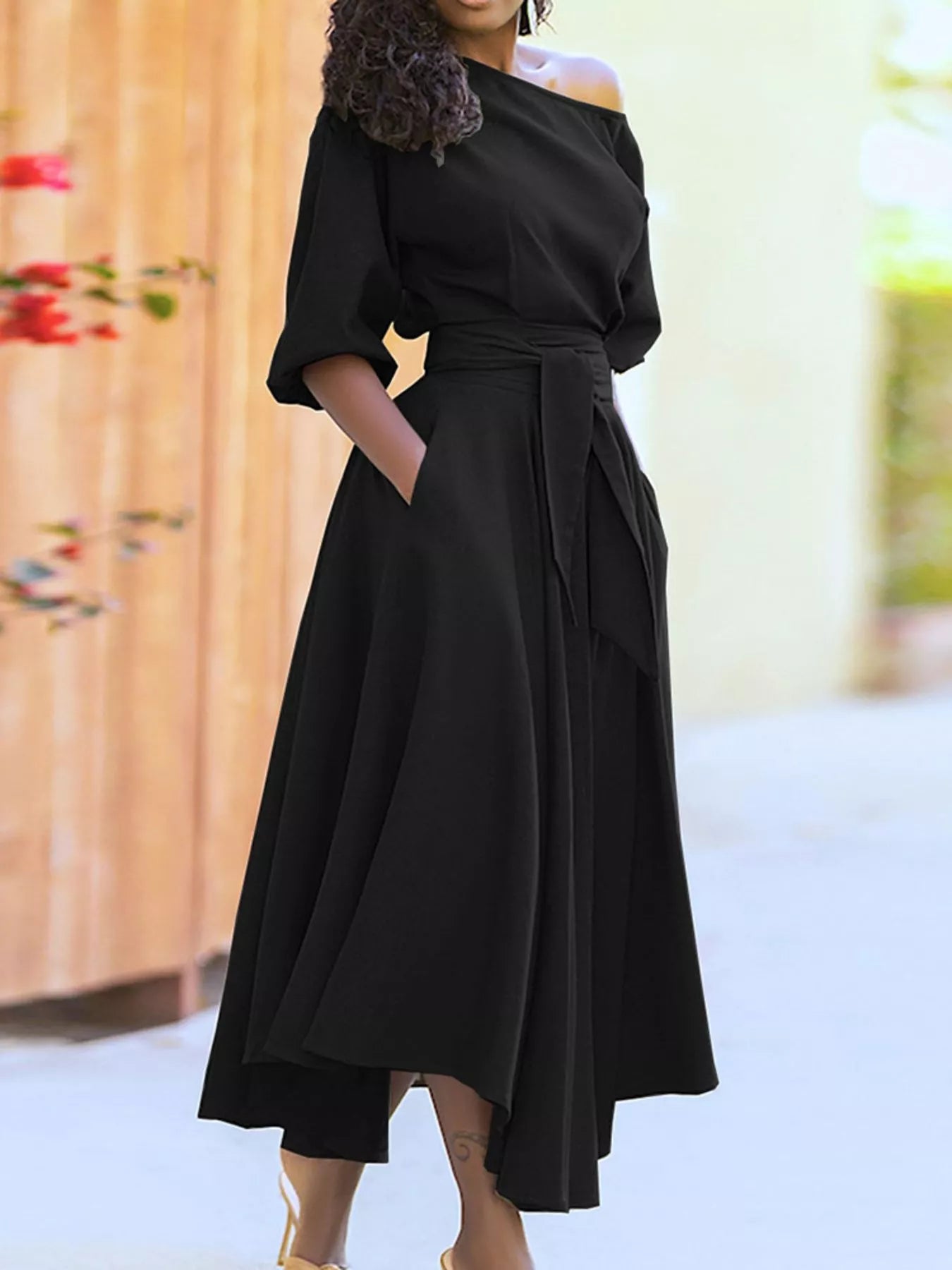 Boat Neck Tie Waist Dress