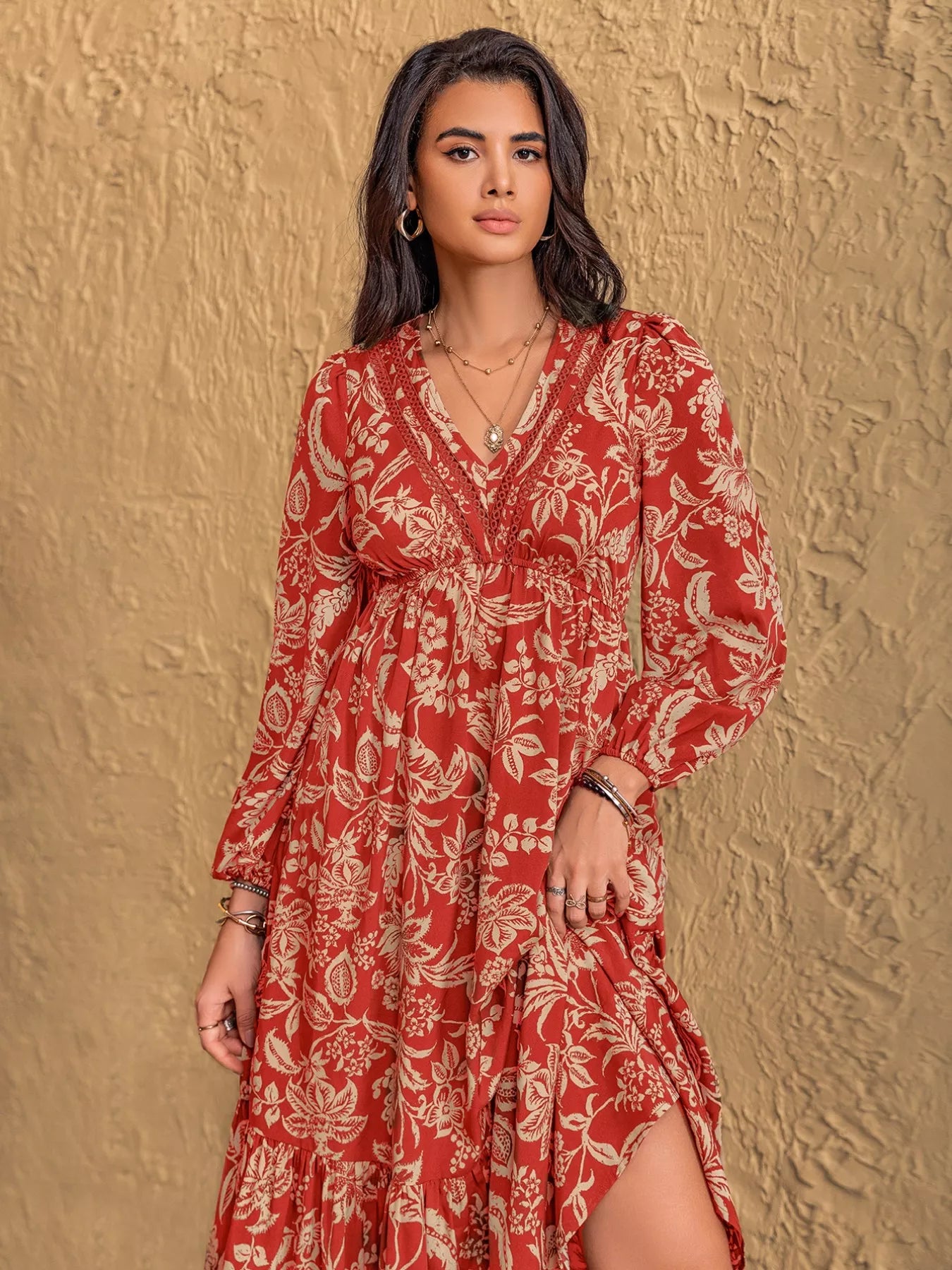 Boho Floral Print Long Sleeve Midi Dress