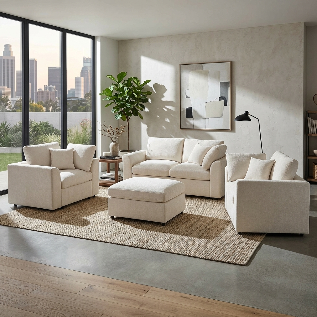 U-Style 4-Piece Sofa Set, 2 Accent Chairs + Loveseat + Movable Ottoman