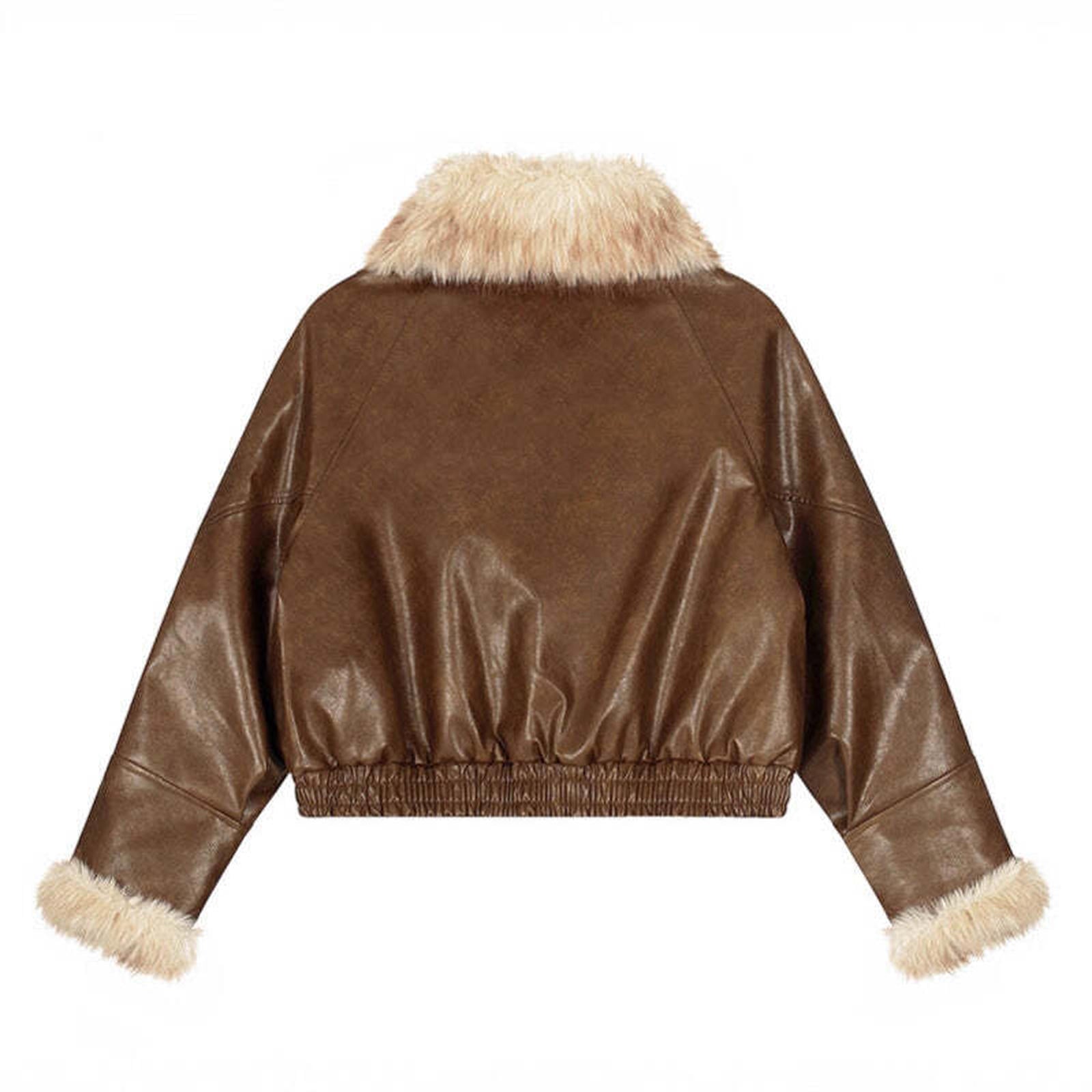 Fur Collar PU Leather Patchwork Coat Stylish Warm Fleece Lined Short Down Jacket