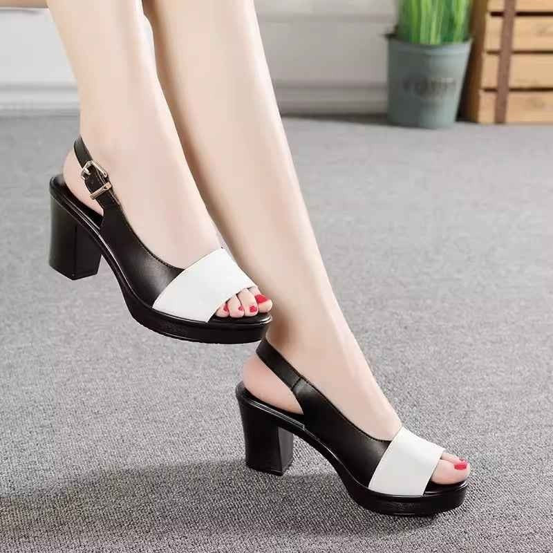 Summer Genuine Leather Roman Sandals for Women with Chunky Heel Color Block High Heel Thick Sole Waterproof Platform Outdoor Slippers