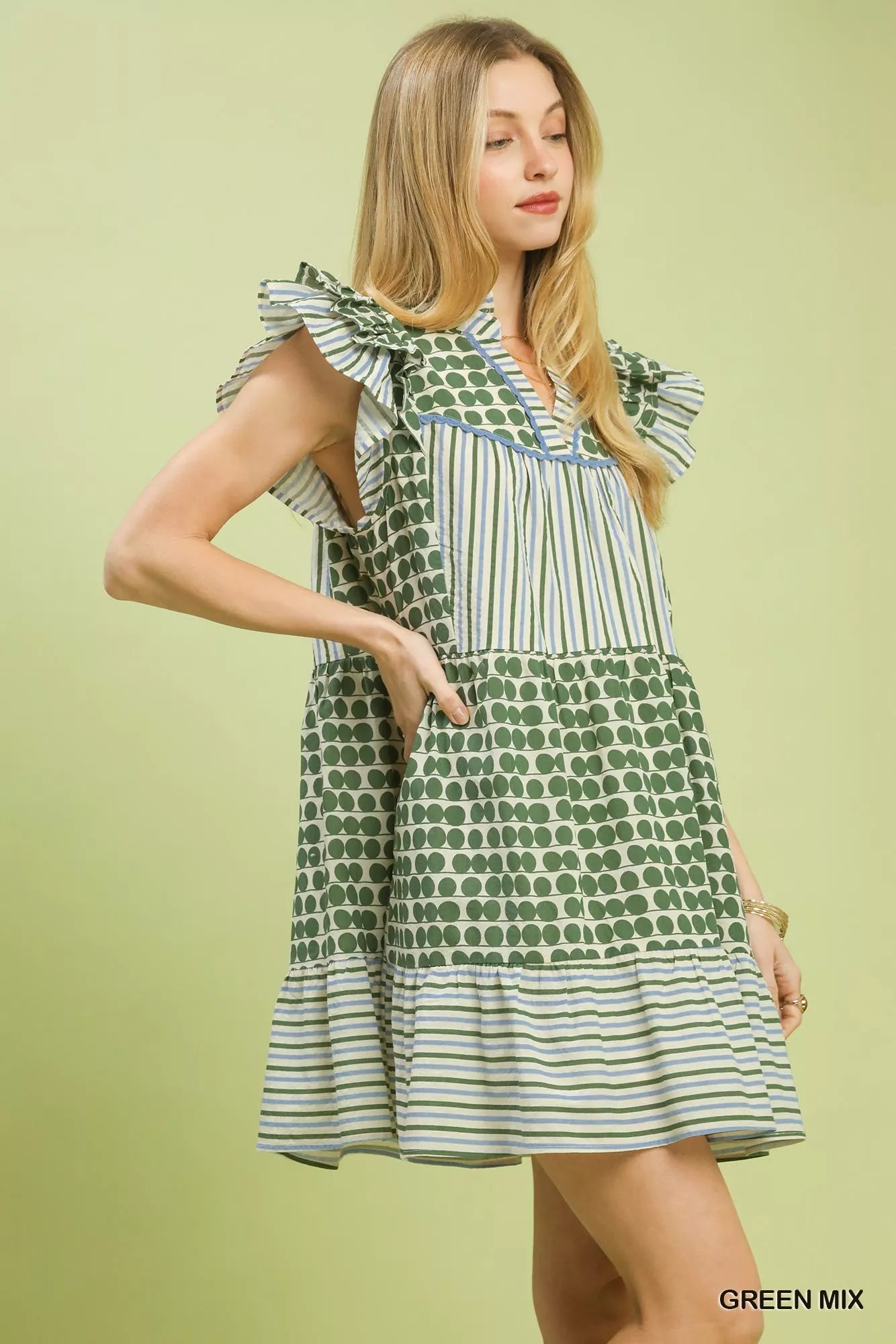 Umgee Mix Patchwork Flutter Sleeve Tiered Dress