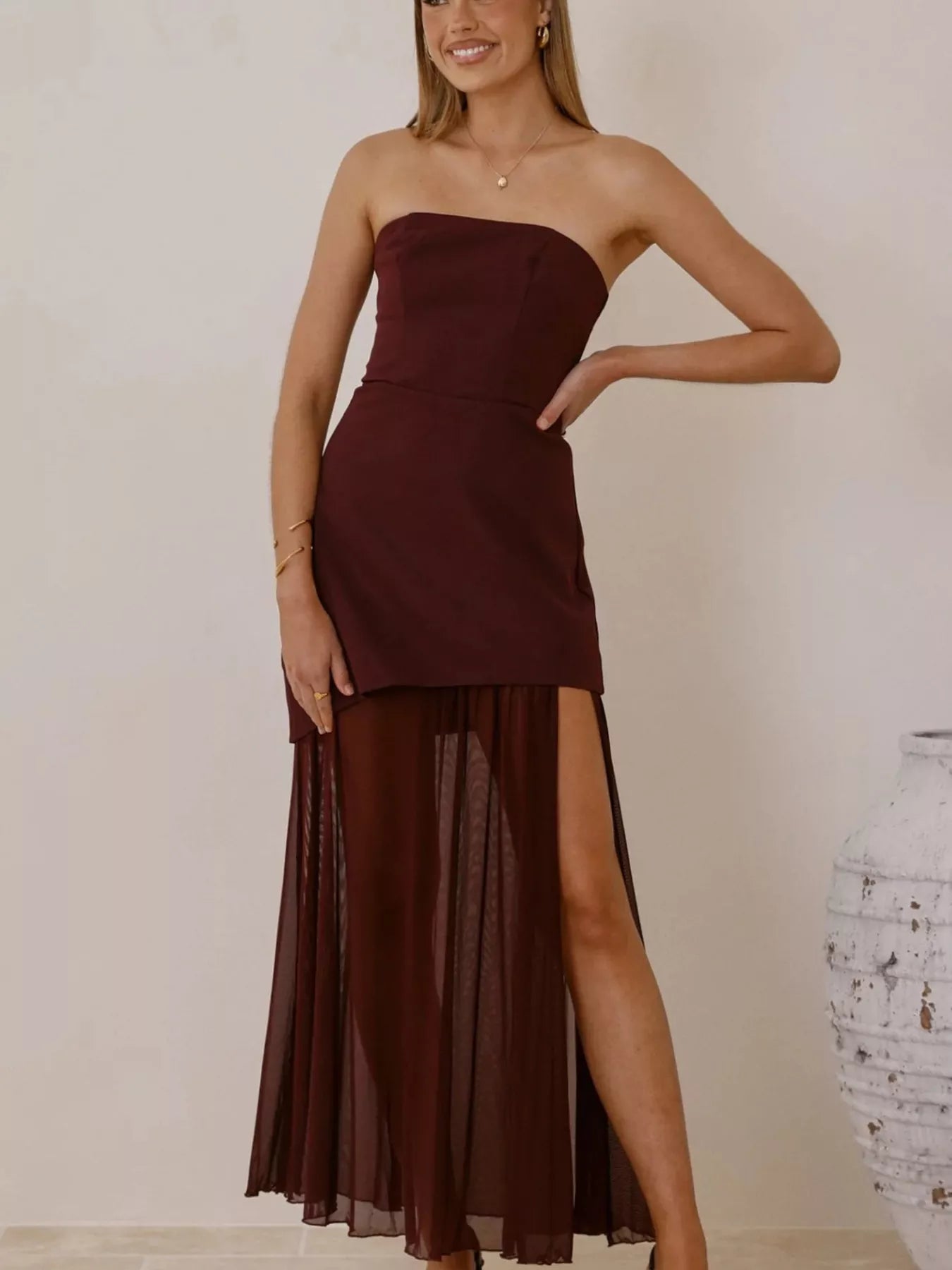 High Slit Mesh Tube Maxi Dress
