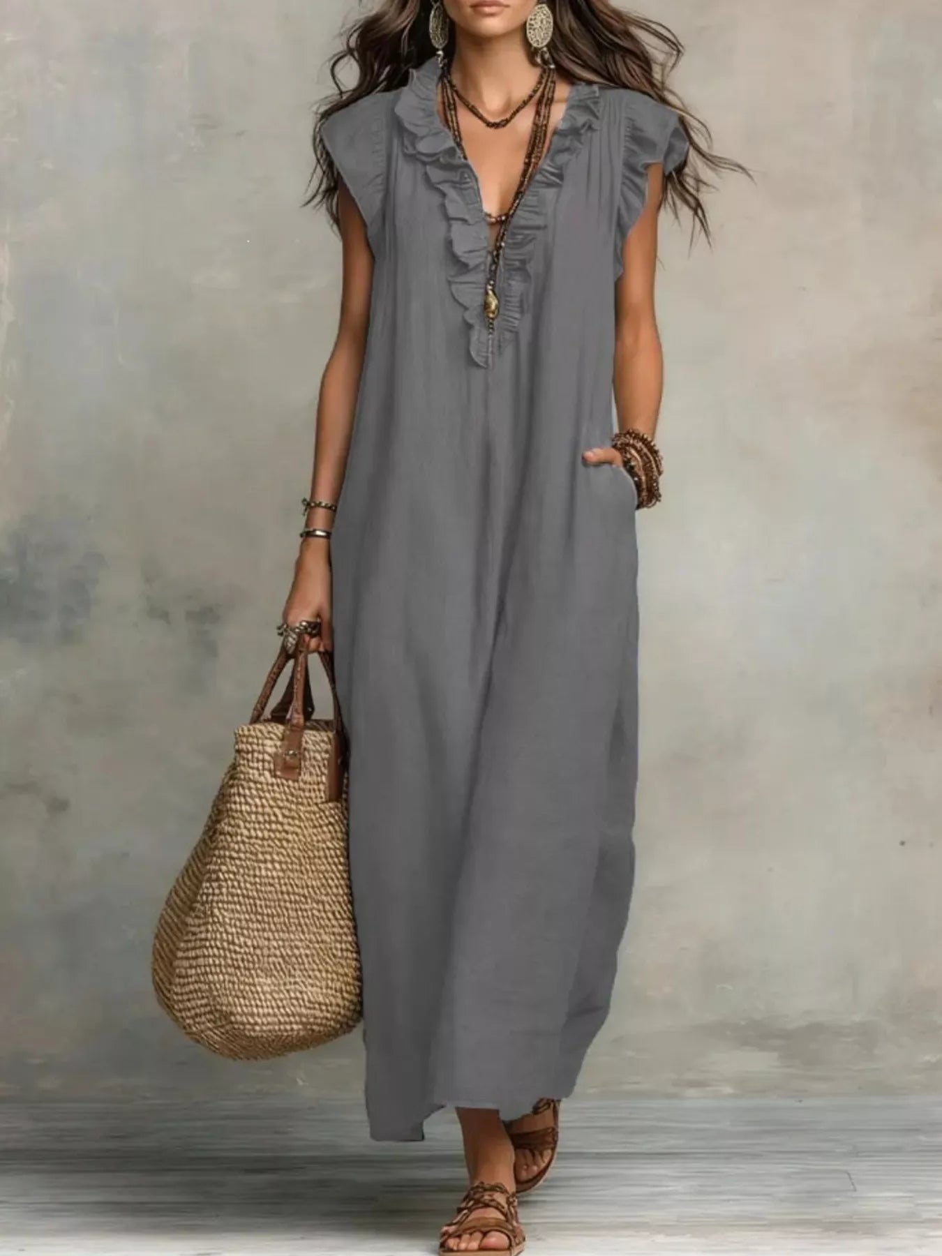 Ruffled V-Neck Maxi Dress