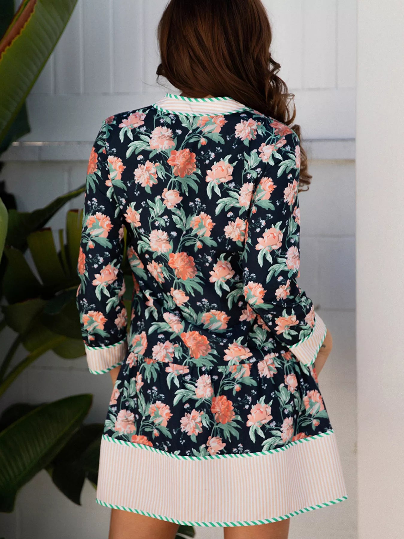 Floral Print Striped Trim V Neck Long Sleeve Ruffle Hem Shift Mini Dress