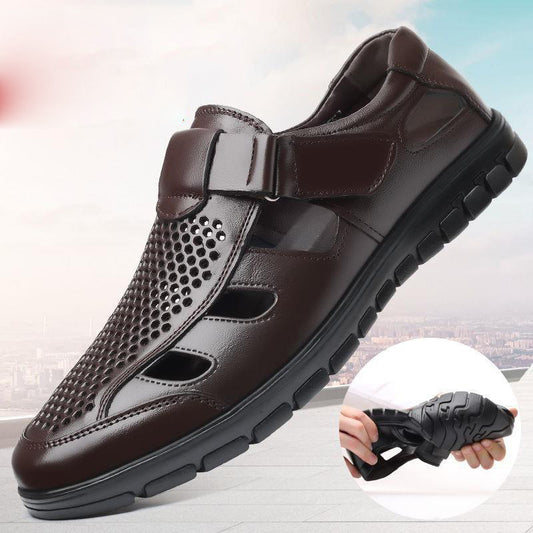 Men's leather sandals summer breathable leather shoes middle-aged and elderly soft soled dad's perforated shoes