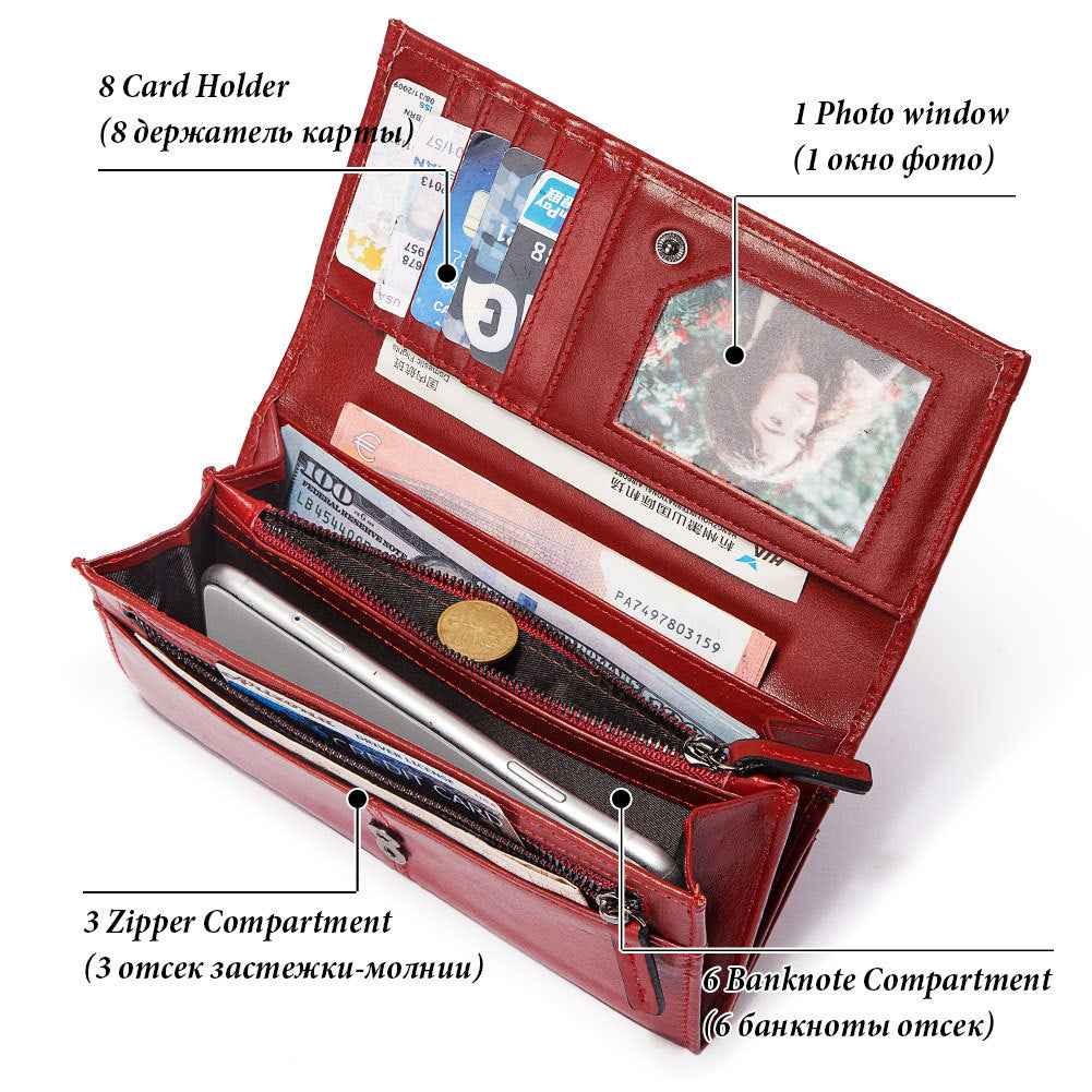 Anti-Theft Brushed Genuine Leather Ladies Wallet Top Layer Cowhide Long Women's Bag Multi-Card Card Holder Mobile Phone Bag Clutch Bag