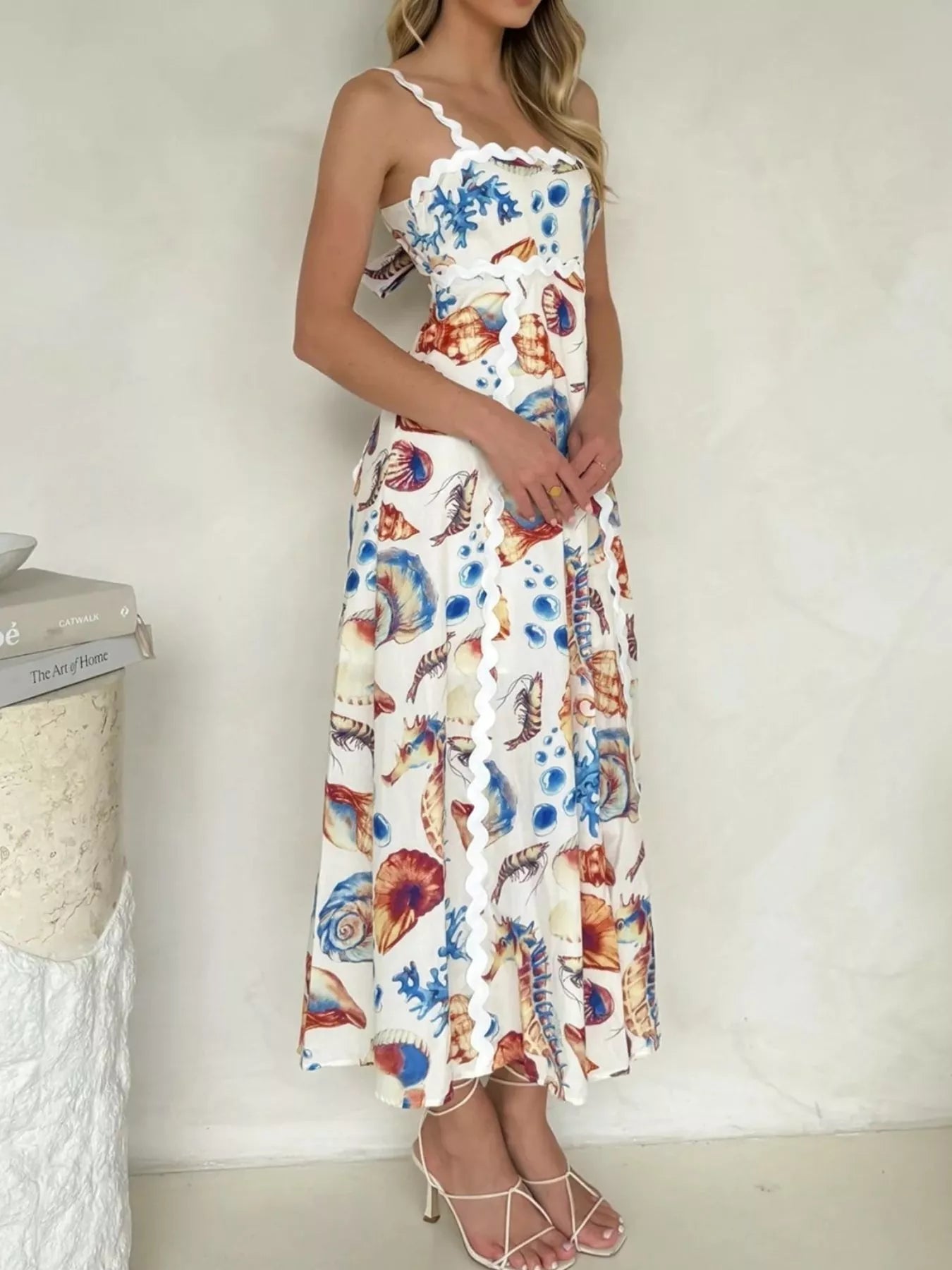 Seashell Print Scalloped Midi Dress