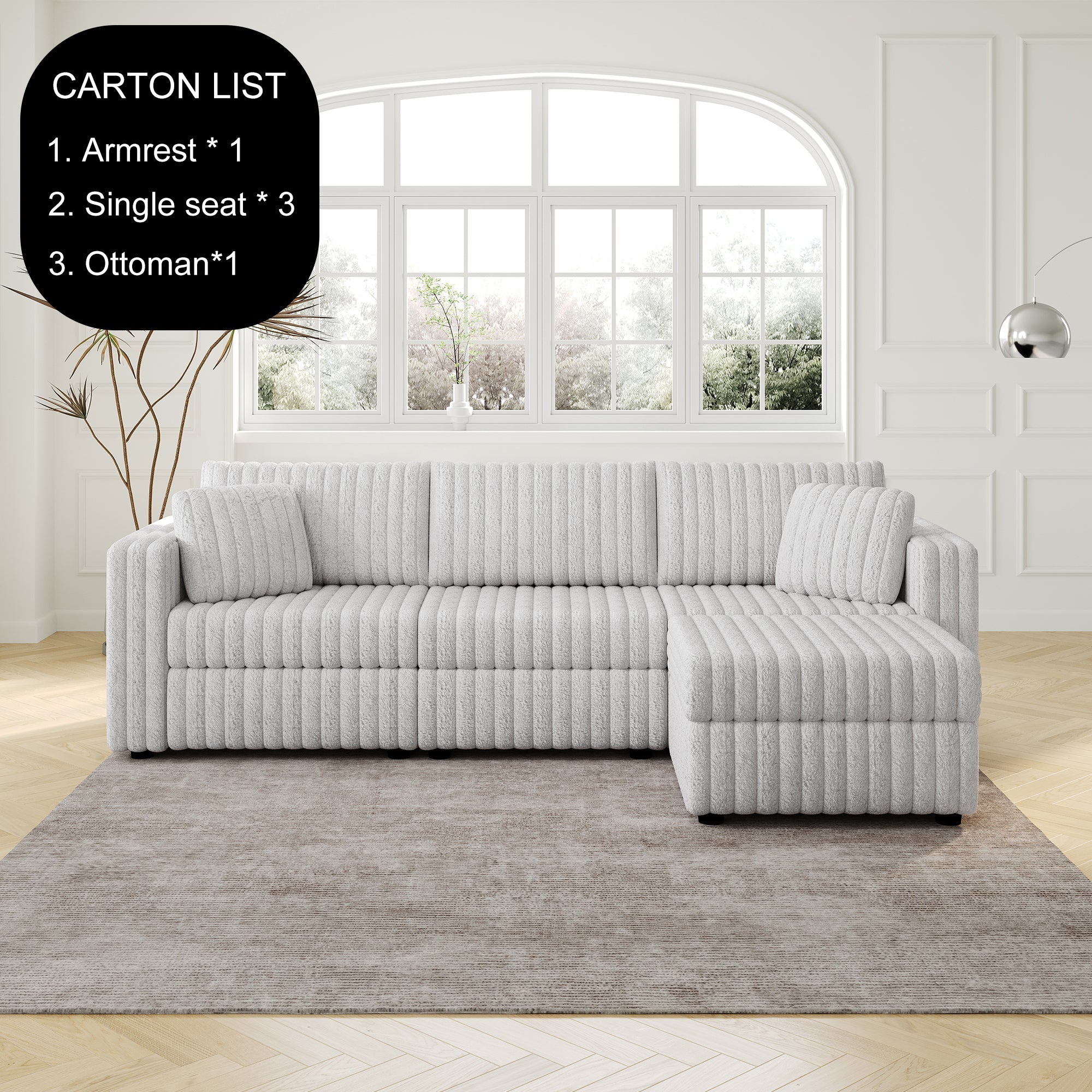 Light Gray Soft 3-Person Sofa with Ottoman
